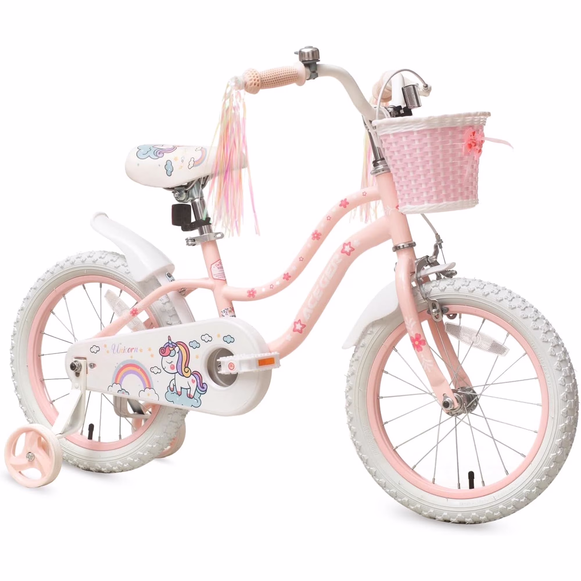 ACEGER 16 Inch Girls Bike with Basket and Training Wheels, Unicorn Style for Ages 5-9, Pink