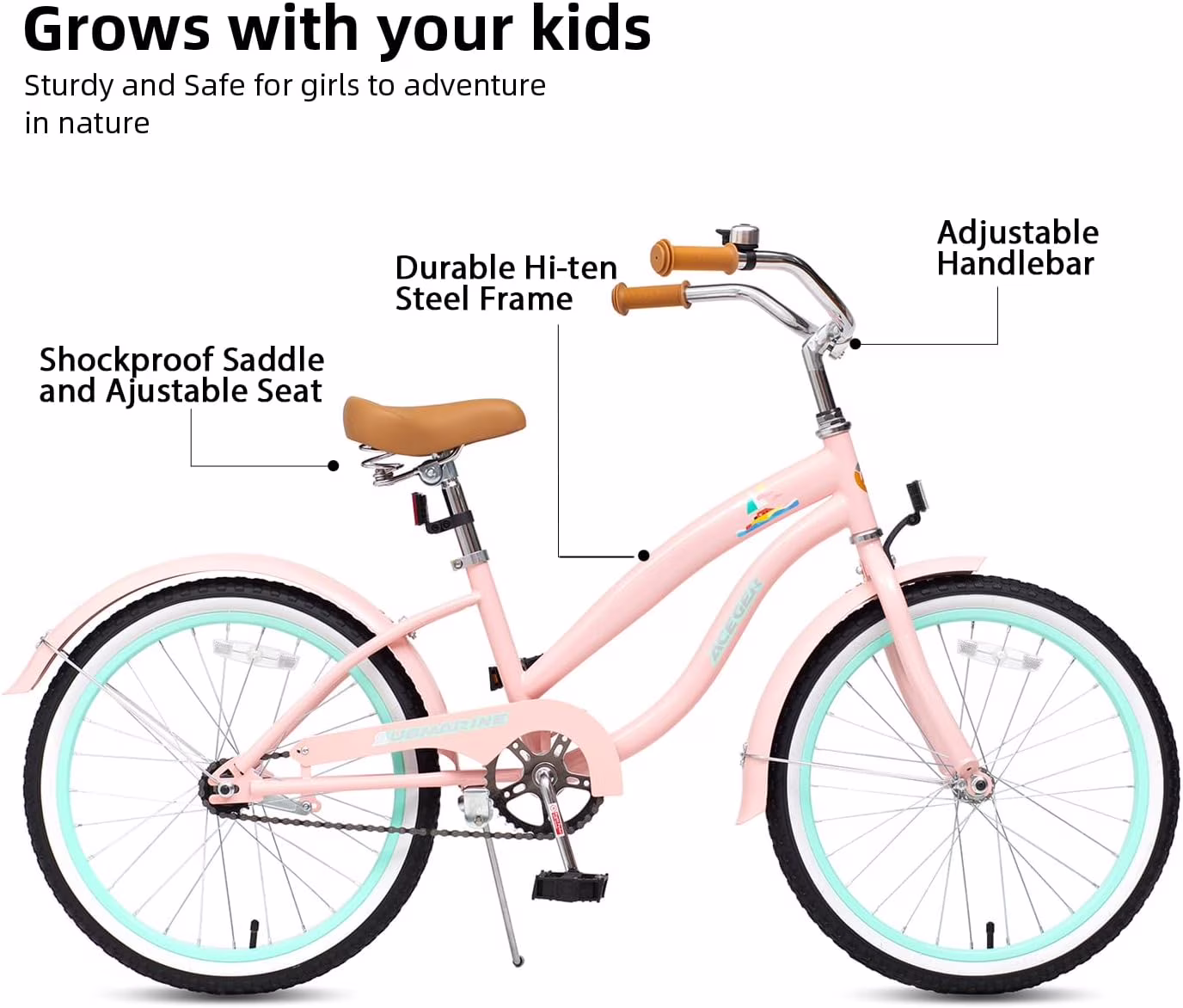 ACEGER 20 Inch Beach Cruiser Bike for Girls Ages 9-13, Pink - Image 2