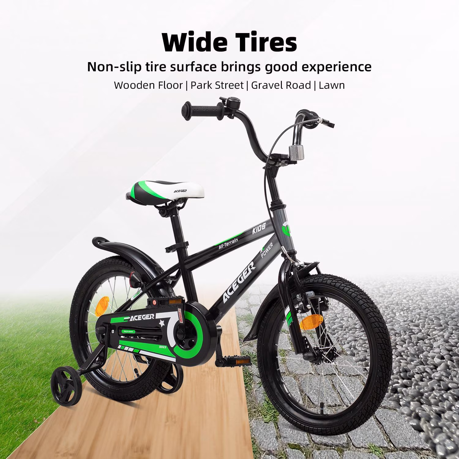 ACEGER Simon 16 Inch Boys Bike with Training Wheels for Ages 5-8, Green - Image 3