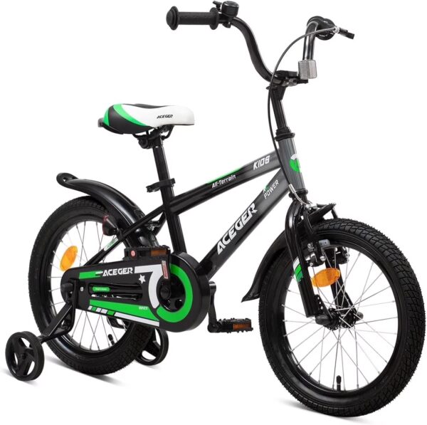 ACEGER Simon 16 Inch Boys Bike with Training Wheels for Ages 5-8, Green