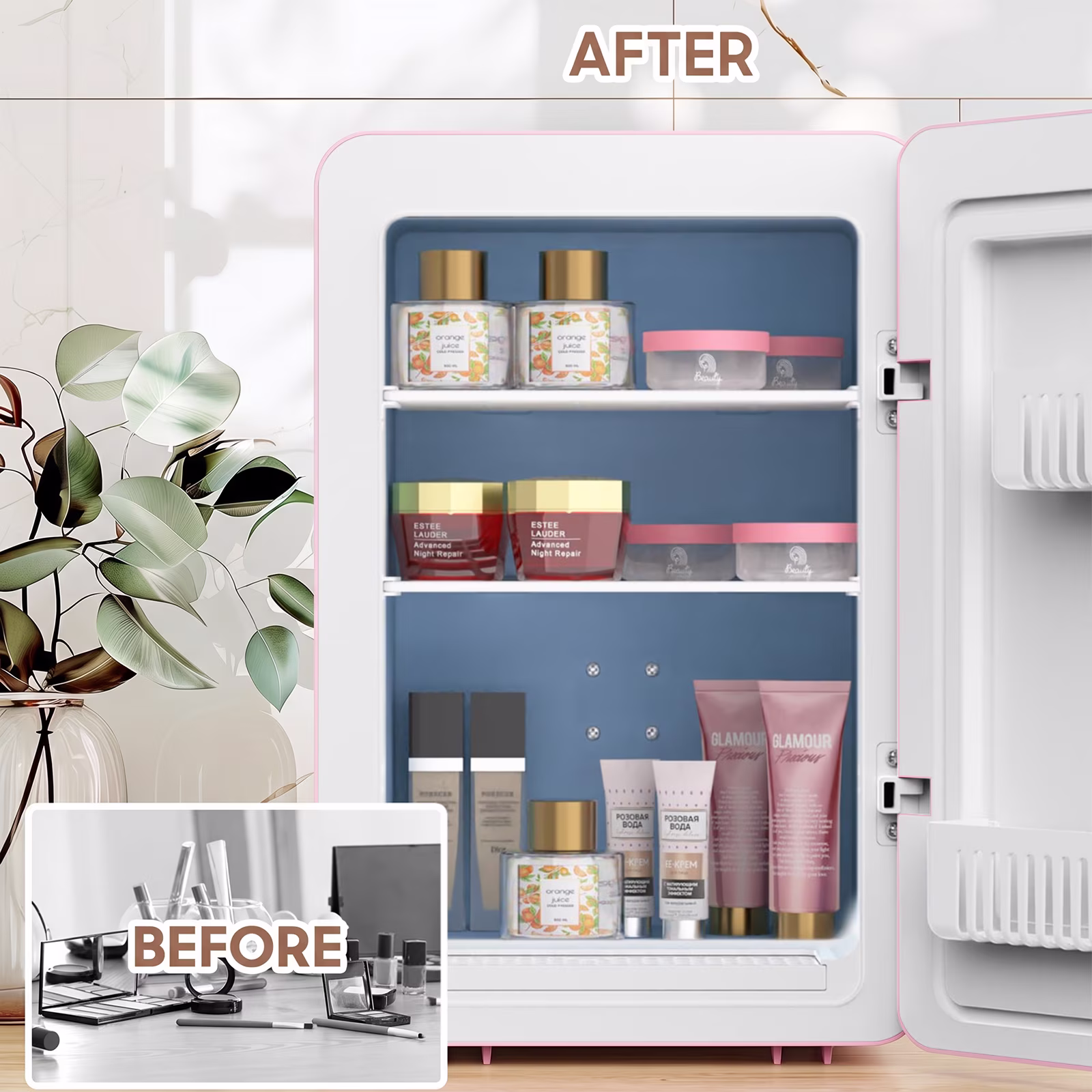 ADVWIN 20L Skincare Fridge with Mirror & LED Lighting, 3-Mode Dimmable, Portable Makeup Refrigerator Cooler & Warmer for Bedroom, Vanity, Car & Home Use - Image 3