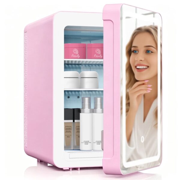 ADVWIN 20L Skincare Fridge with Mirror & LED Lighting, 3-Mode Dimmable, Portable Makeup Refrigerator Cooler & Warmer for Bedroom, Vanity, Car & Home Use