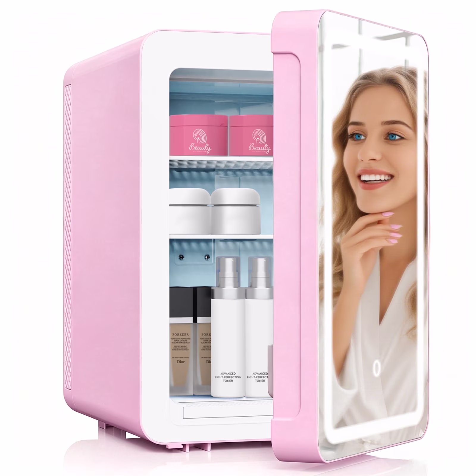 ADVWIN 20L Skincare Fridge with Mirror & LED Lighting, 3-Mode Dimmable, Portable Makeup Refrigerator Cooler & Warmer for Bedroom, Vanity, Car & Home Use