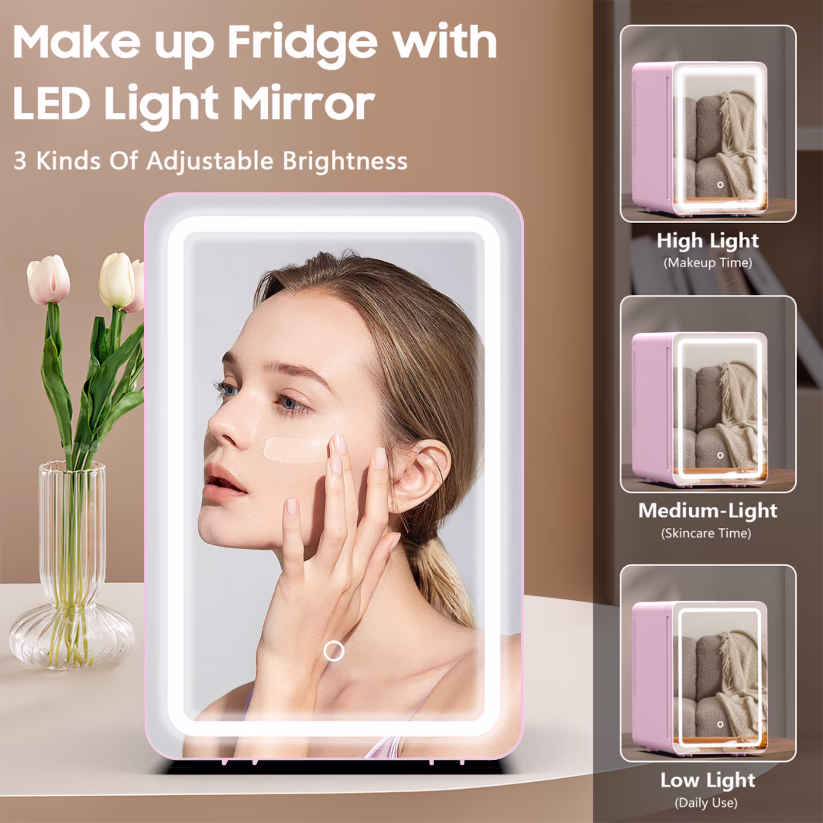 ADVWIN 20L Skincare Fridge with Mirror & LED Lighting, 3-Mode Dimmable, Portable Makeup Refrigerator Cooler & Warmer for Bedroom, Vanity, Car & Home Use - Image 4
