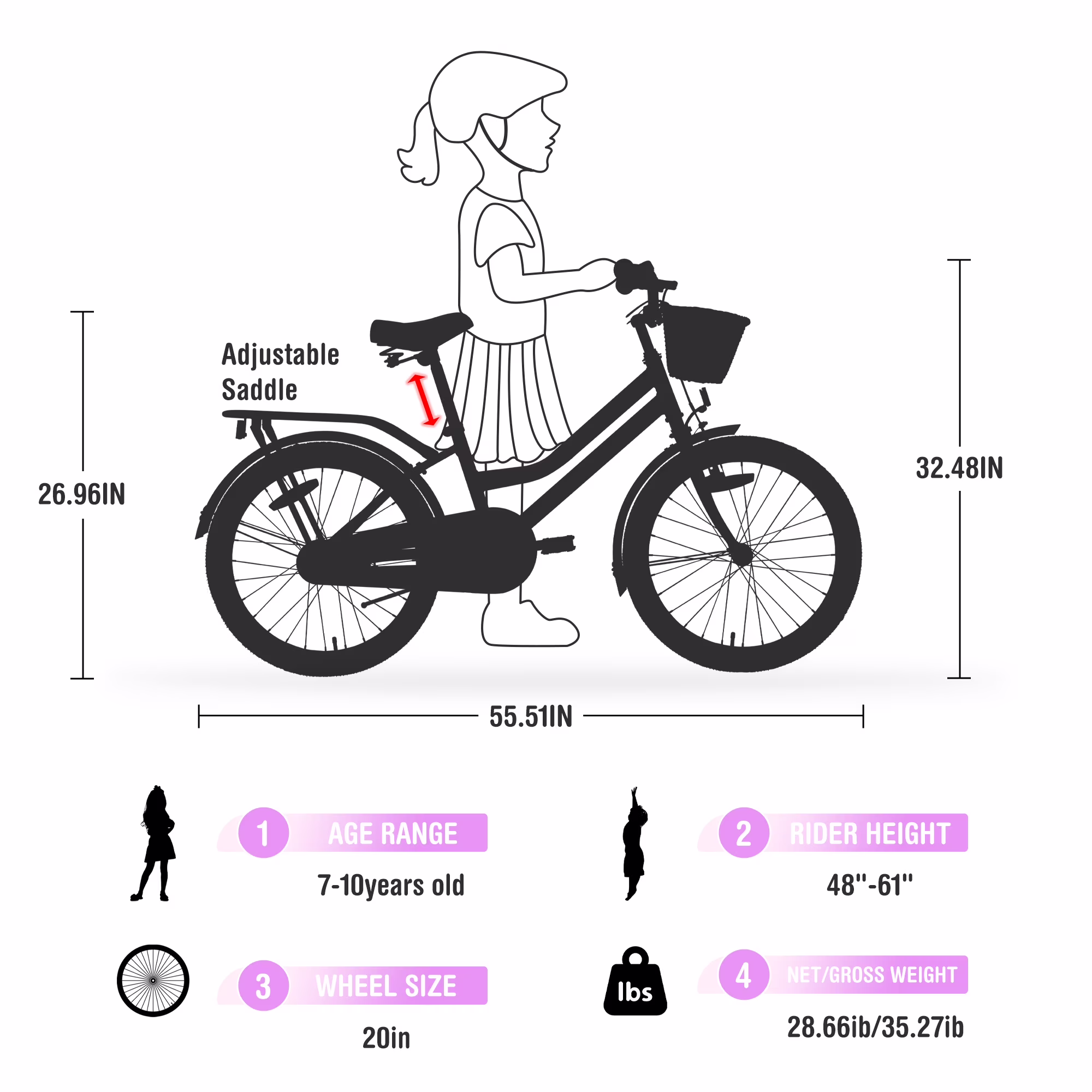 Aezusy 20 Inch Kids Bike with Basket for 7 - 10 Years Old Girls, Purple - Image 2