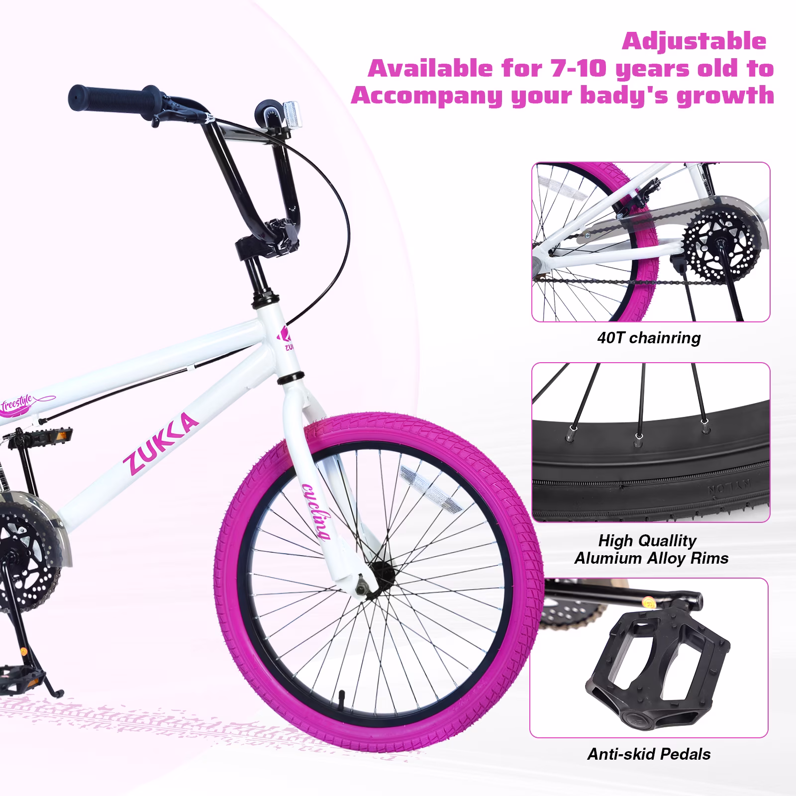 Cirayno 20" Freestyle BMX Bike Single Speed Steel Frame Kids Bike Stylish Children Bicycle for Boys Girls Age 7-10 Years, White - Image 2
