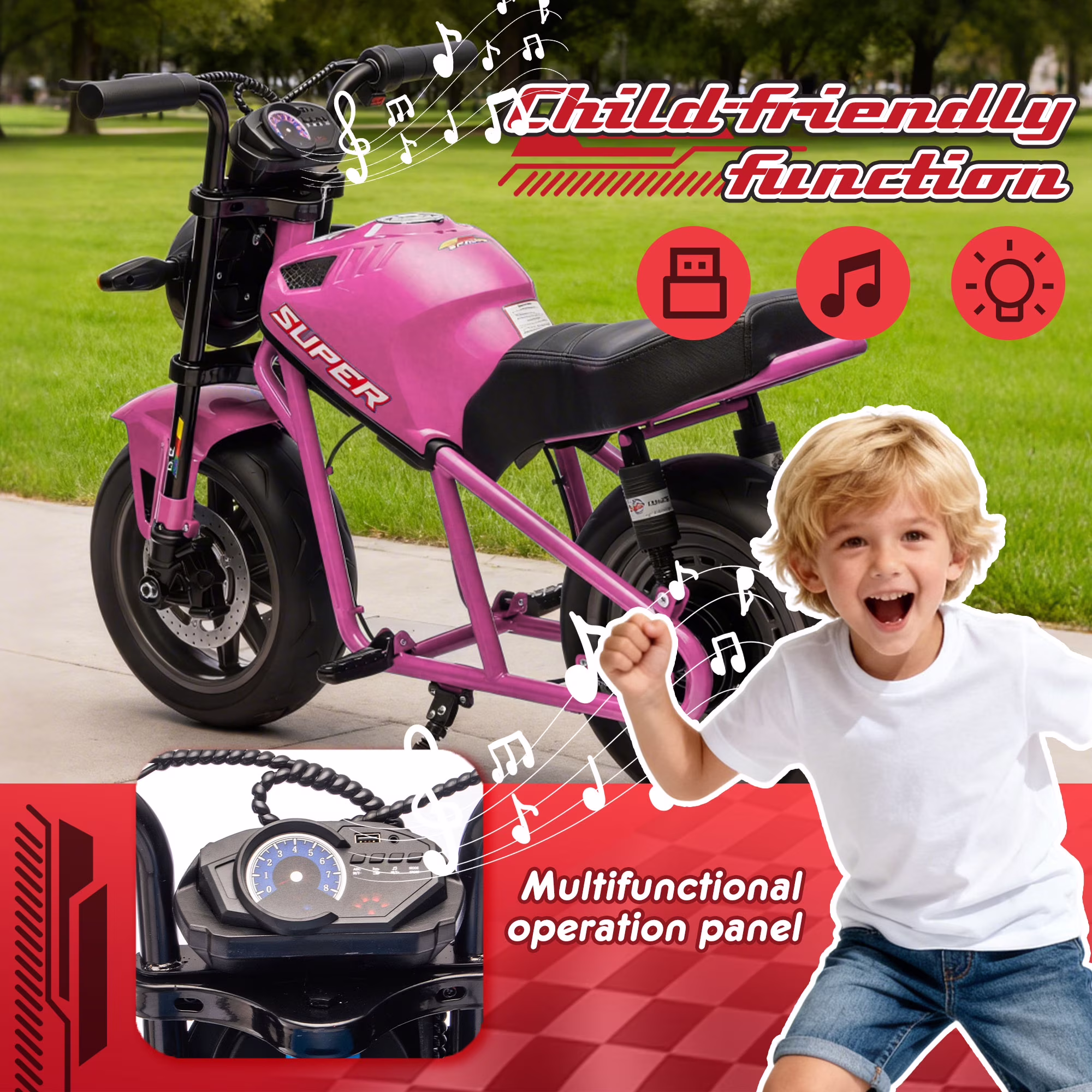 Aezusy 24V Electric Motorcycle for Kids, 300W Ride On Electric Dirt Bike 14in Widen EVA Wheels Muscle Motorcycle Toy for Kids 6+, Pink - Image 5