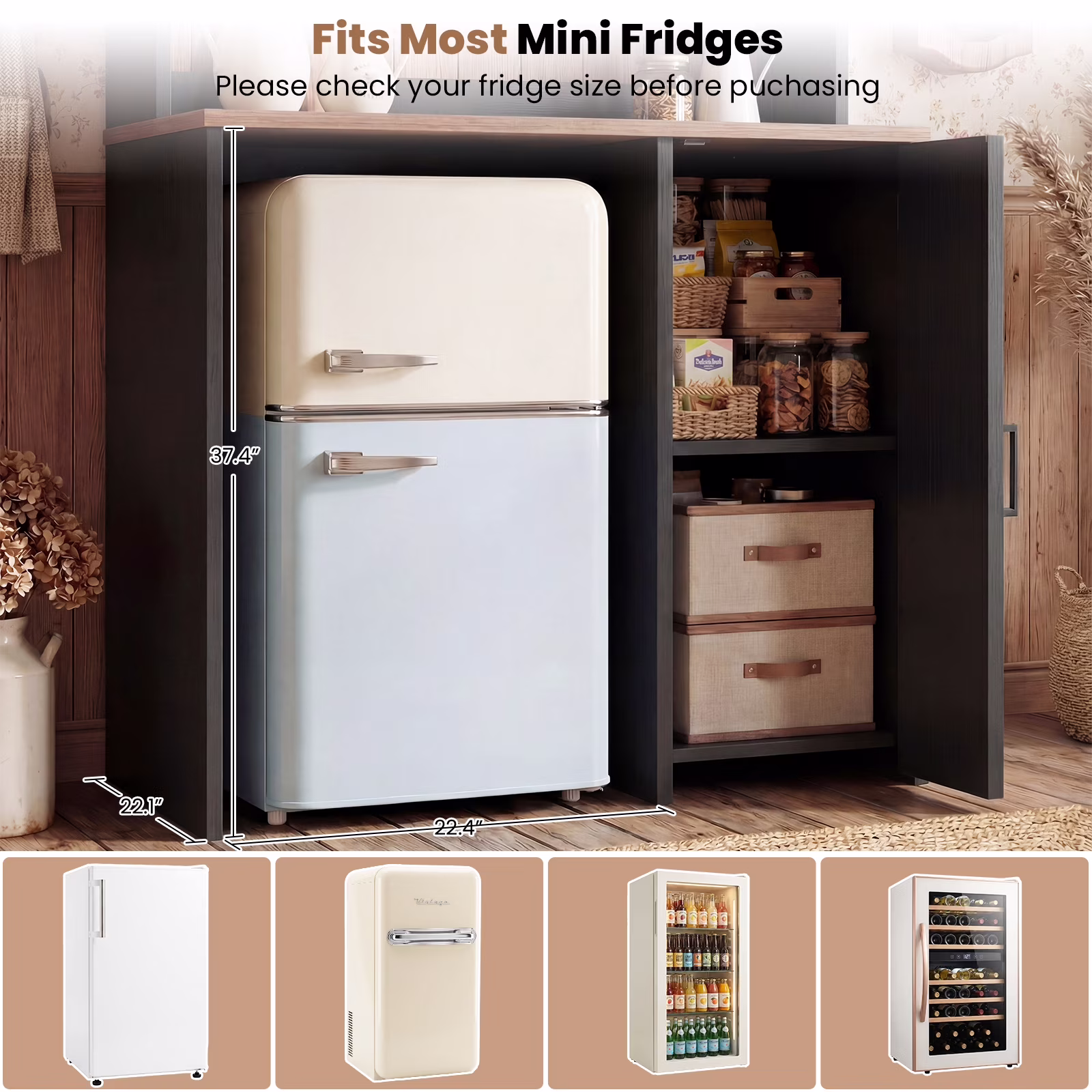 Aheaplus Multifunctional Mini Fridge Cabinet: Coffee Bar, Wine Stand & Beverage Station with Outlet, LED Light & Microwave Shelf, for Kitchen, Dorm, Office,Black - Image 4