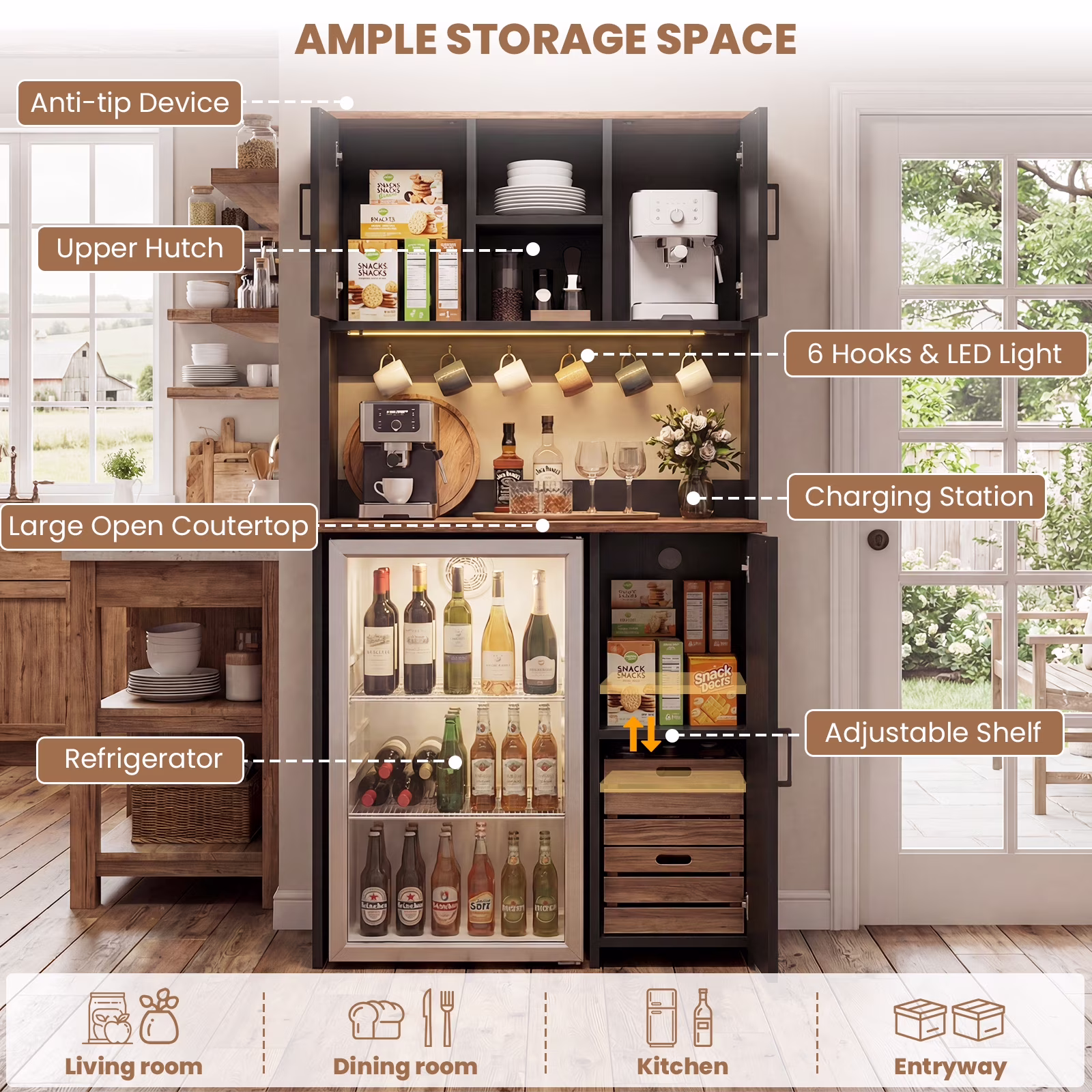 Aheaplus Multifunctional Mini Fridge Cabinet: Coffee Bar, Wine Stand & Beverage Station with Outlet, LED Light & Microwave Shelf, for Kitchen, Dorm, Office,Black - Image 2