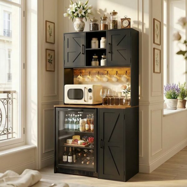 Aheaplus Multifunctional Mini Fridge Cabinet: Coffee Bar, Wine Stand & Beverage Station with Outlet, LED Light & Microwave Shelf, for Kitchen, Dorm, Office,Black