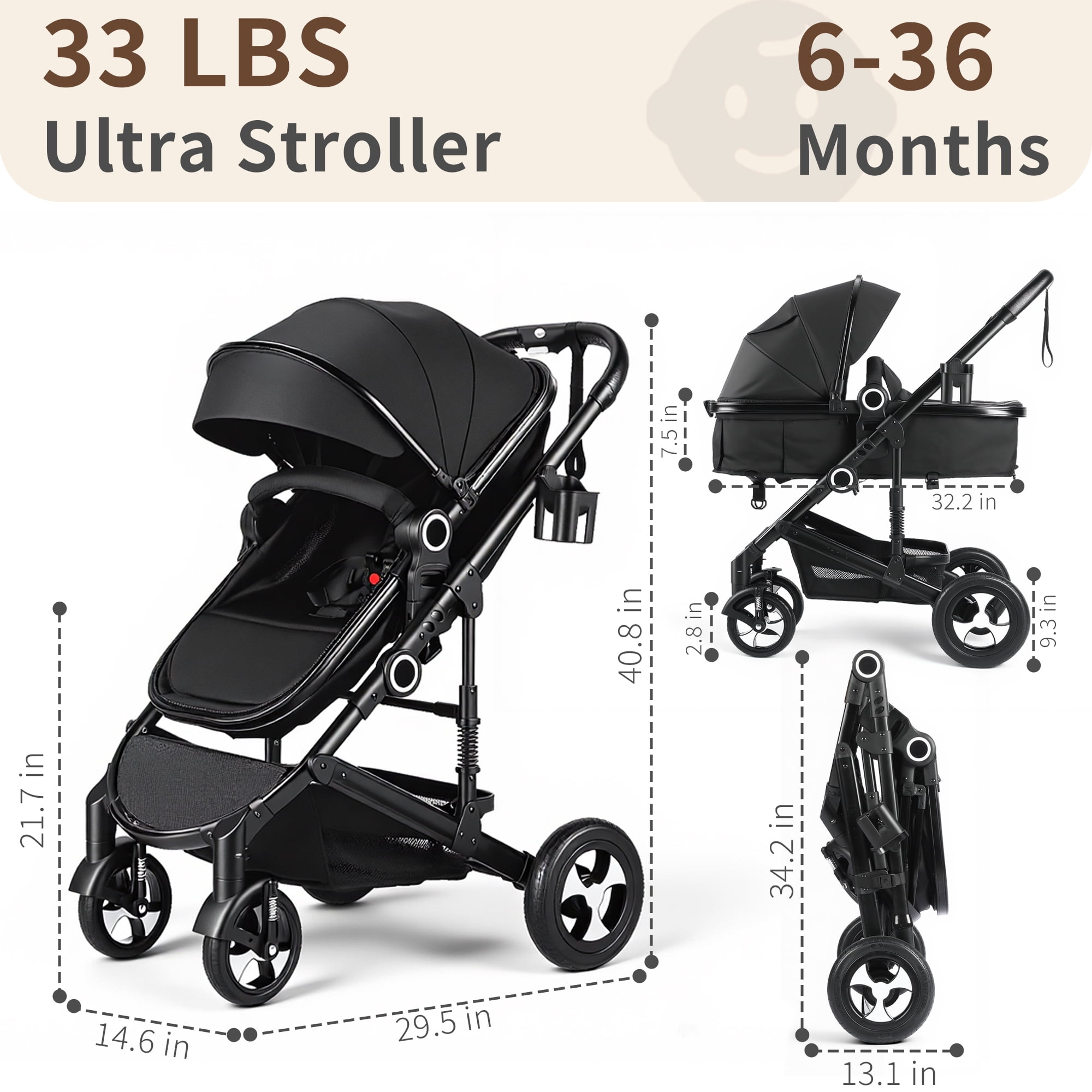 AILEEKISS 3-in-1 Convertible Baby Stroller with Big Seat and Adjustable Canopy, 24 Pounds, Black - Image 5
