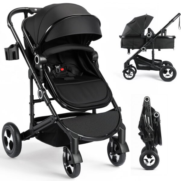 AILEEKISS 3-in-1 Convertible Baby Stroller with Big Seat and Adjustable Canopy, 24 Pounds, Black