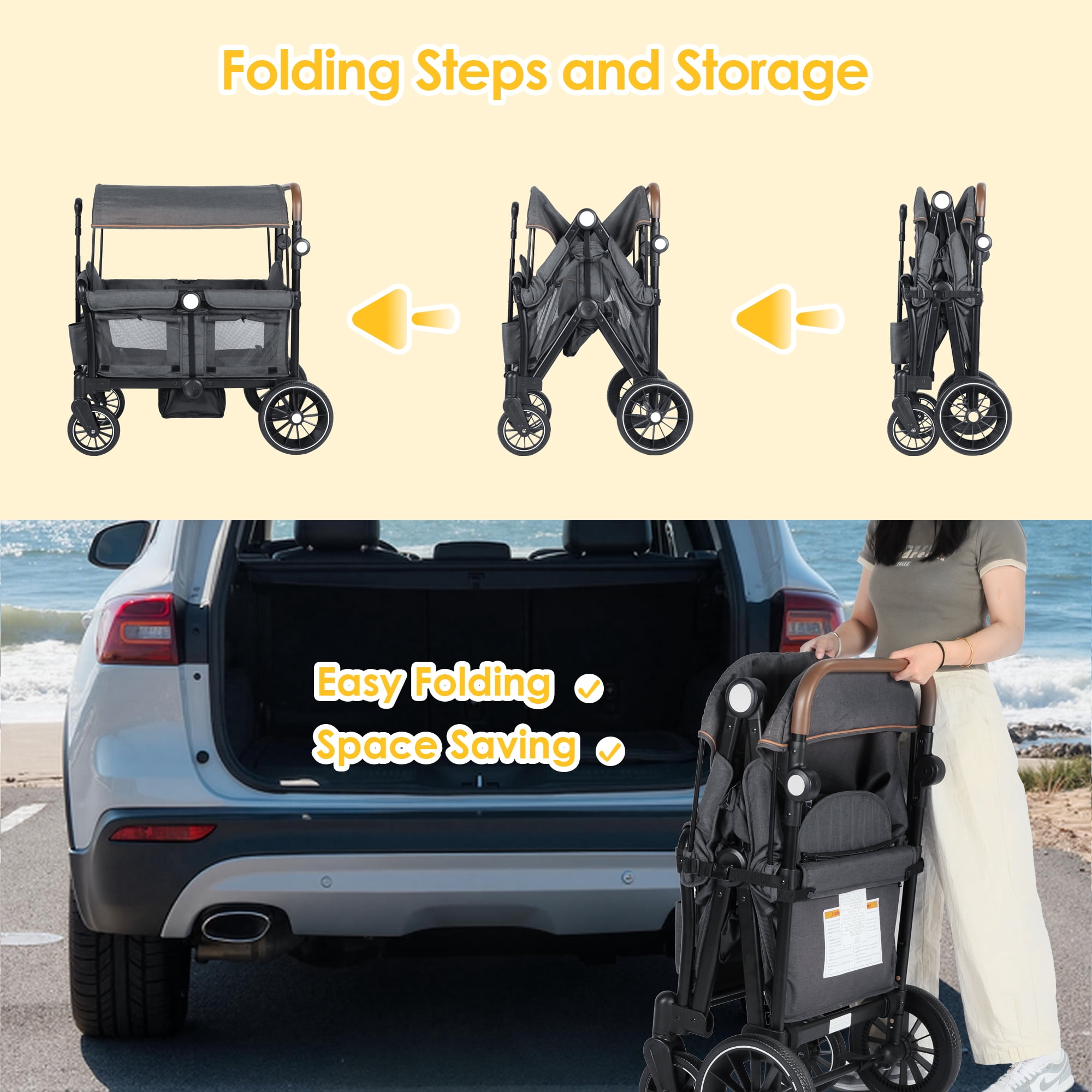 AILEEKISS 3-in-1 Wagon Stroller for 2 Toddlers, Collapsible Baby Wagon with Adjustable Handle, Grey - Image 5