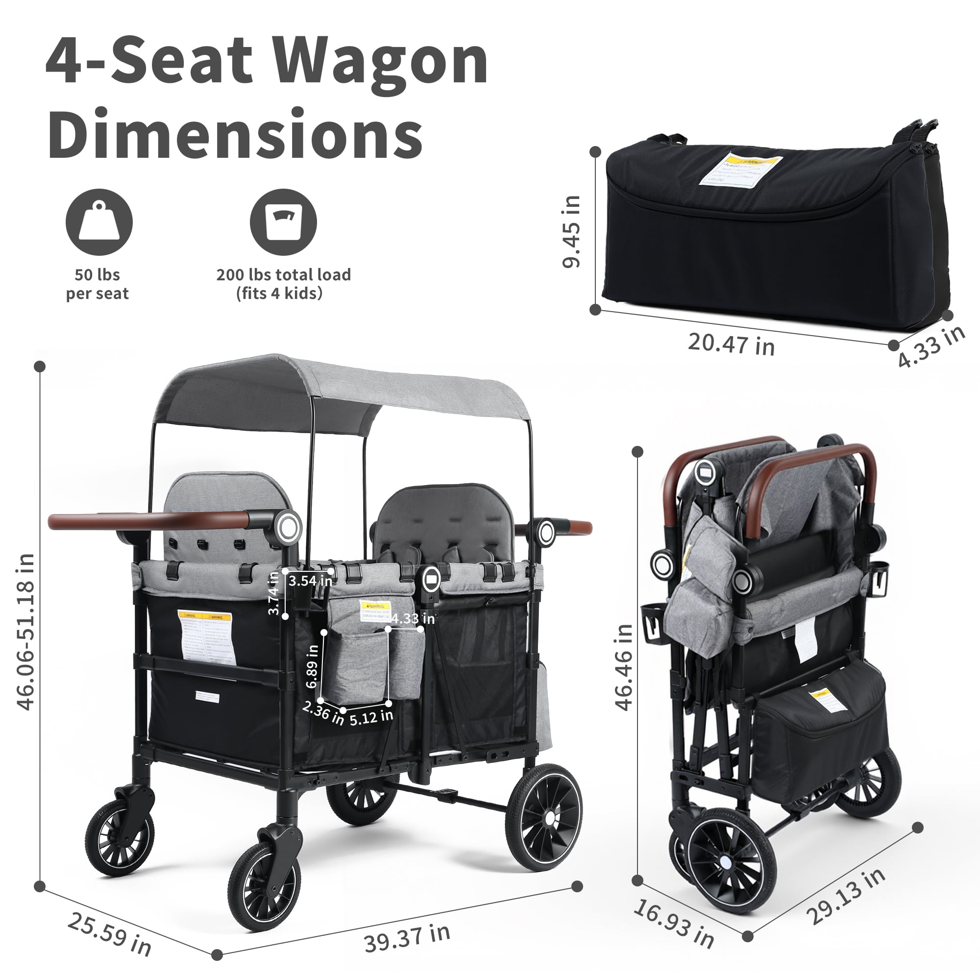AILEEKISS Wagon Stroller for 4 Toddlers, 4-in-1 Baby Wagon with Canopy, 59 Pounds, Black Grey - Image 5