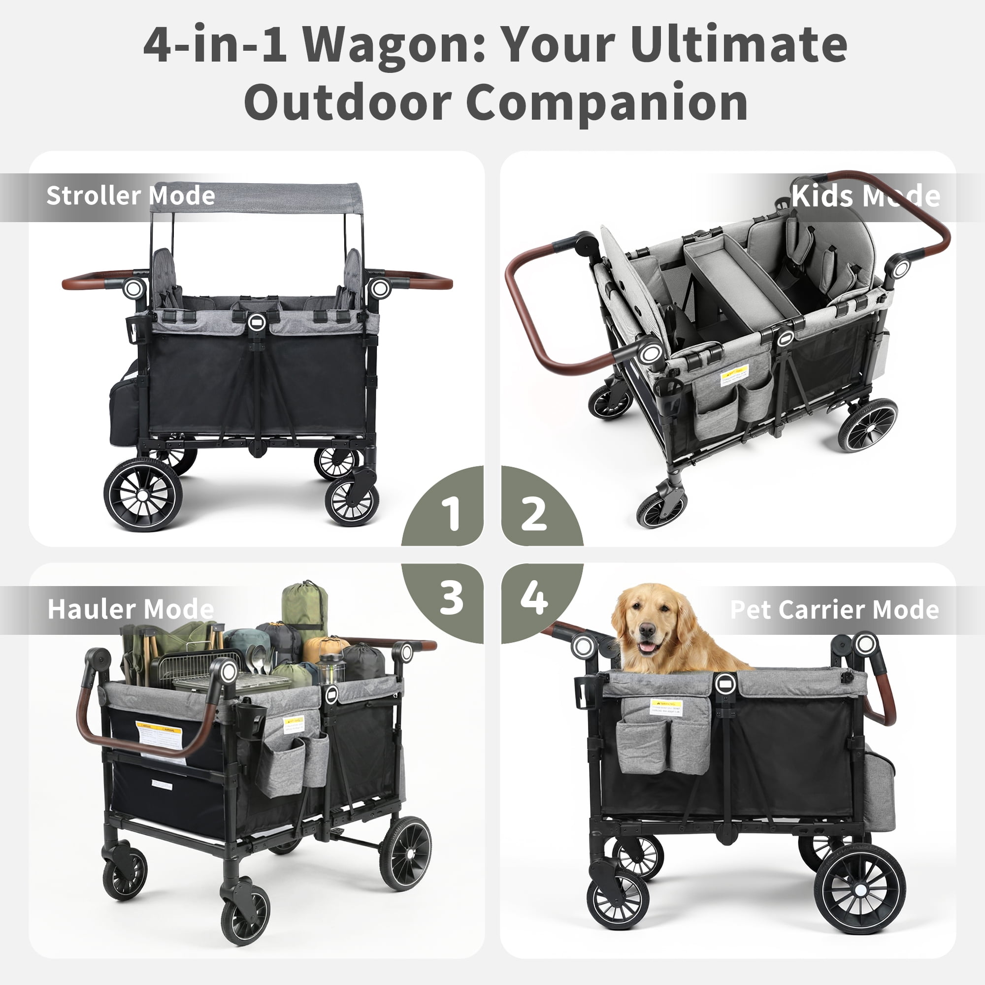 AILEEKISS Wagon Stroller for 4 Toddlers, 4-in-1 Baby Wagon with Canopy, 59 Pounds, Black Grey - Image 2
