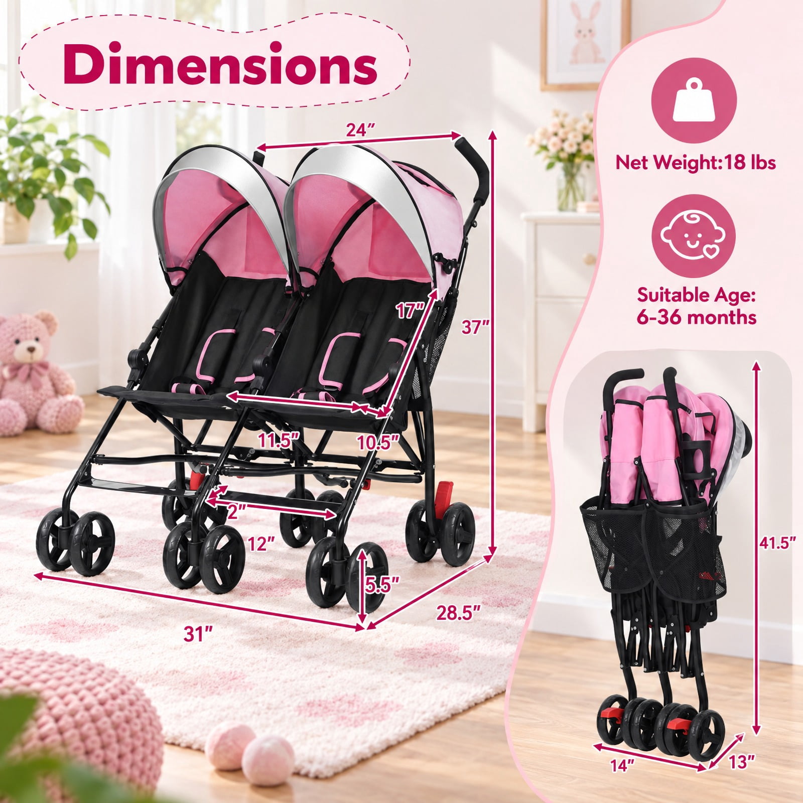 Airfind Foldable Twin Baby Double Stroller Ultralight Umbrella Kids Stroller, Steel Frame, for 7-36 months (under 38" tall), Pink - Image 3