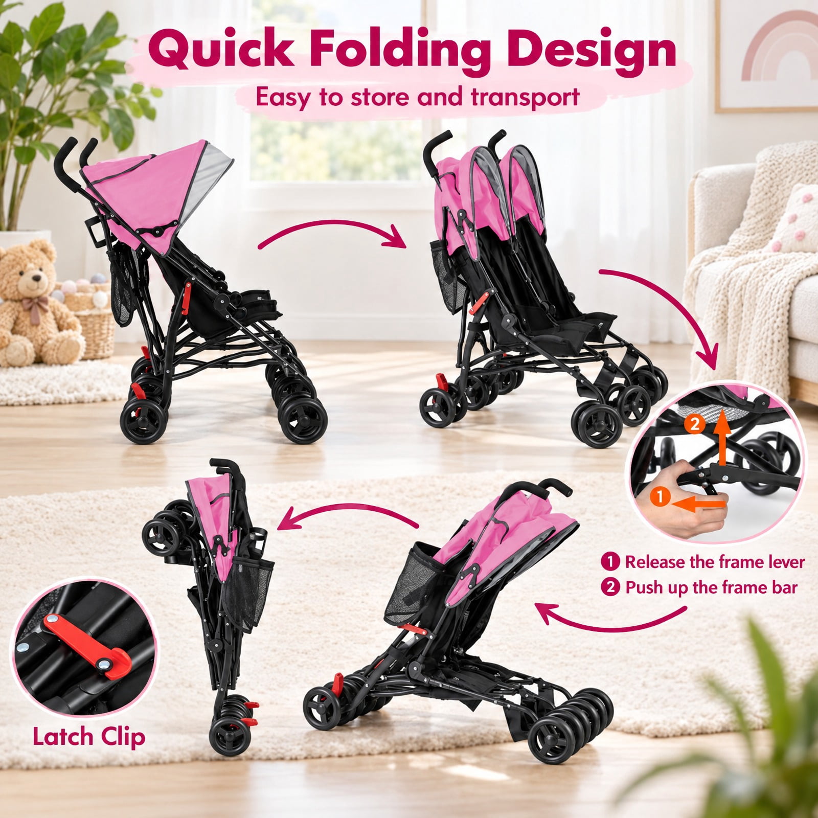Airfind Foldable Twin Baby Double Stroller Ultralight Umbrella Kids Stroller, Steel Frame, for 7-36 months (under 38" tall), Pink - Image 4