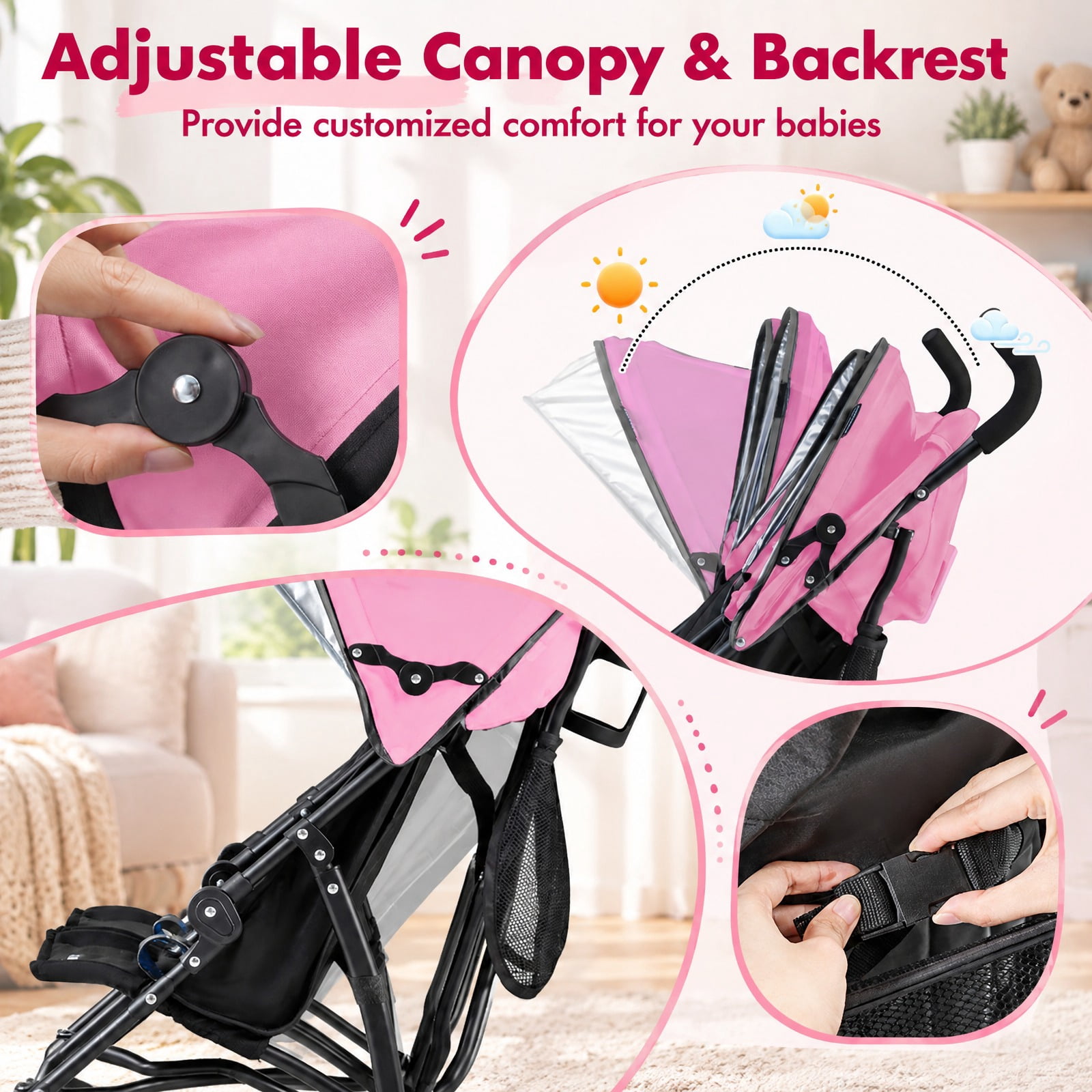 Airfind Foldable Twin Baby Double Stroller Ultralight Umbrella Kids Stroller, Steel Frame, for 7-36 months (under 38" tall), Pink - Image 5