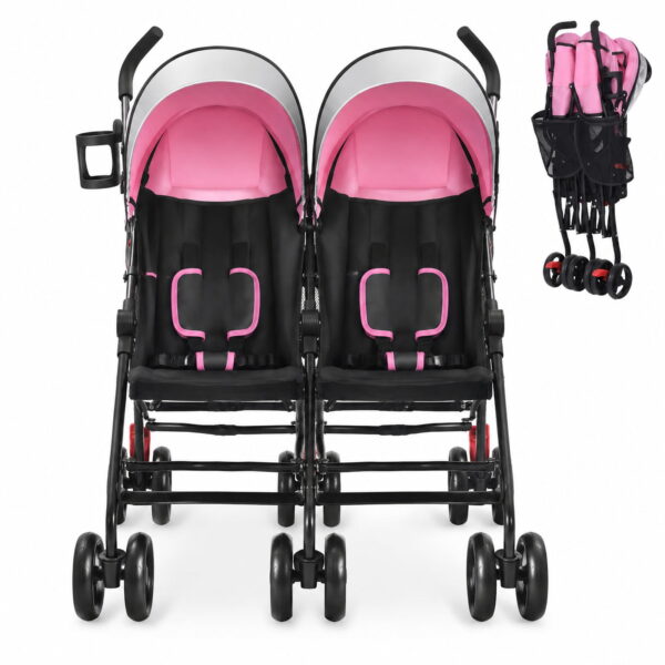 Airfind Foldable Twin Baby Double Stroller Ultralight Umbrella Kids Stroller, Steel Frame, for 7-36 months (under 38" tall), Pink