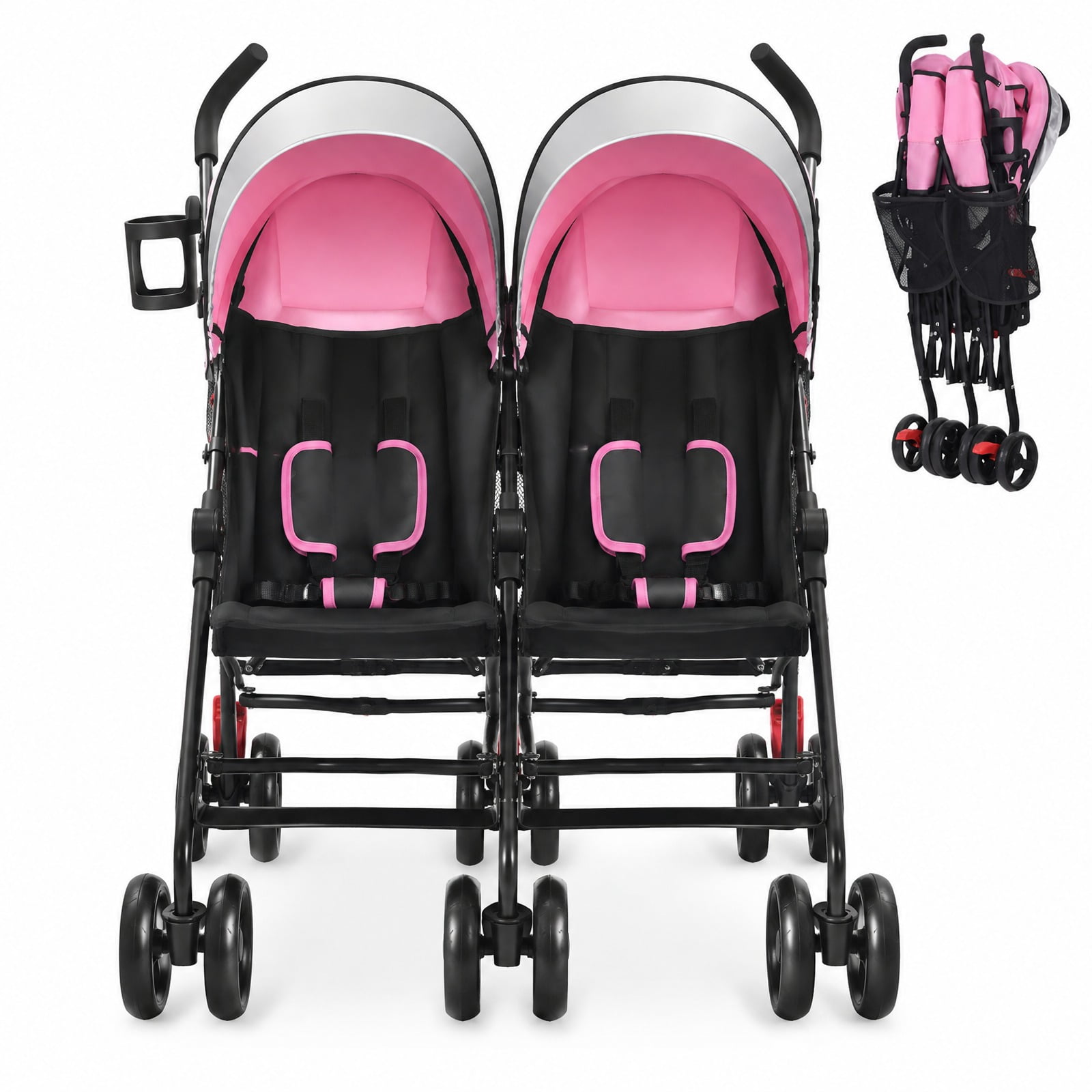 Airfind Foldable Twin Baby Double Stroller Ultralight Umbrella Kids Stroller, Steel Frame, for 7-36 months (under 38" tall), Pink