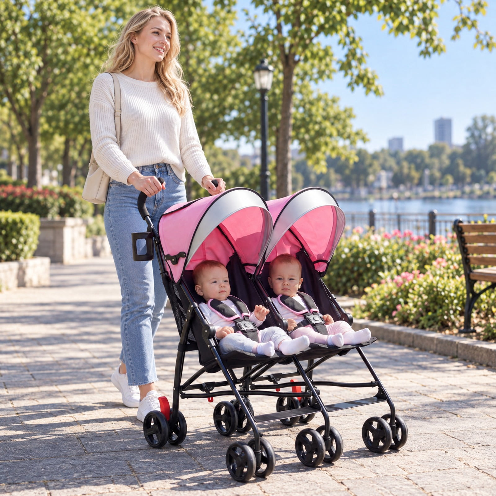 Airfind Foldable Twin Baby Double Stroller Ultralight Umbrella Kids Stroller, Steel Frame, for 7-36 months (under 38" tall), Pink - Image 2