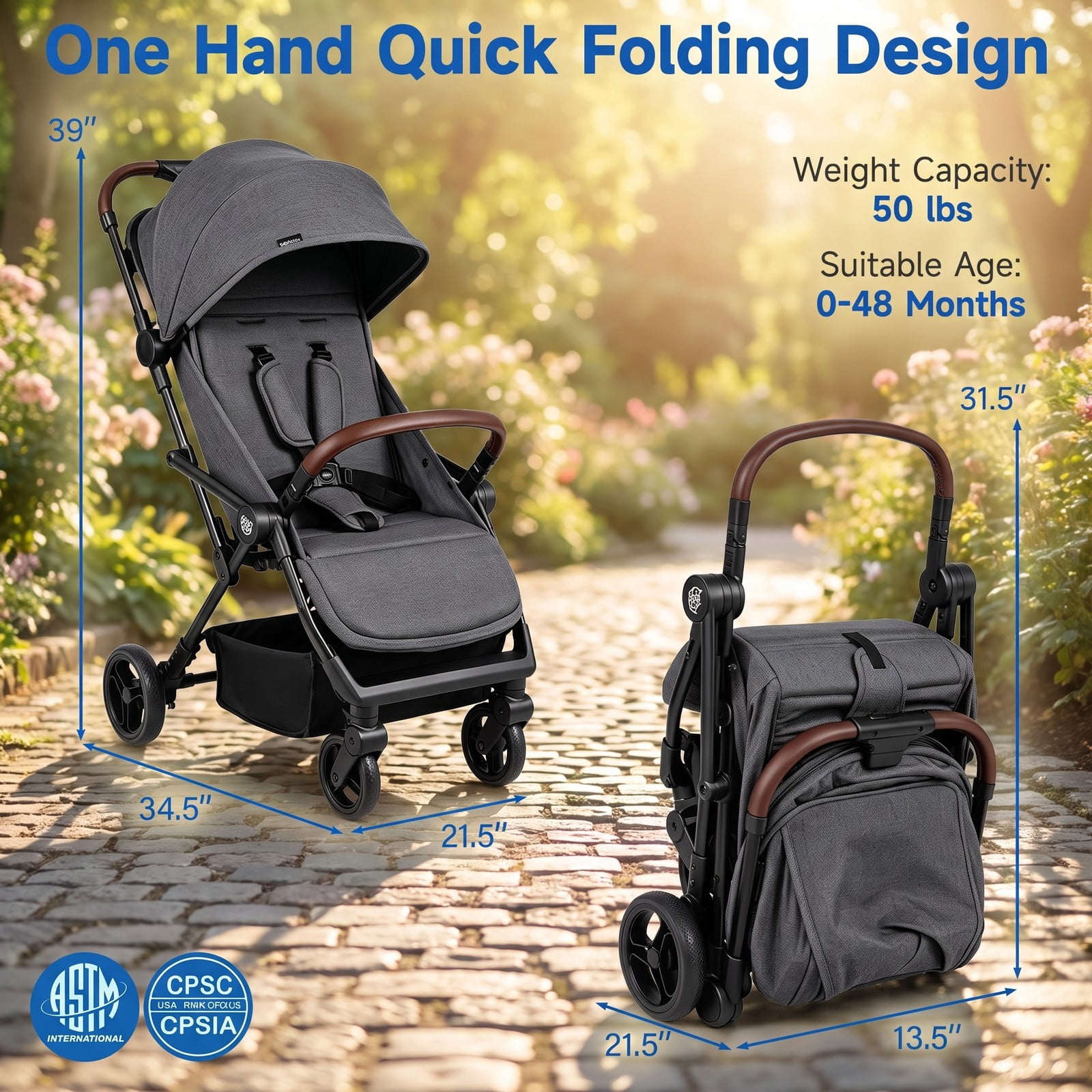 Airfind Lightweight Baby Stroller with One-Hand Folding and Adjustable Canopy for Toddlers, 50 lbs Capacity, Metal Aluminum Fabric Frame, Gray - Image 4