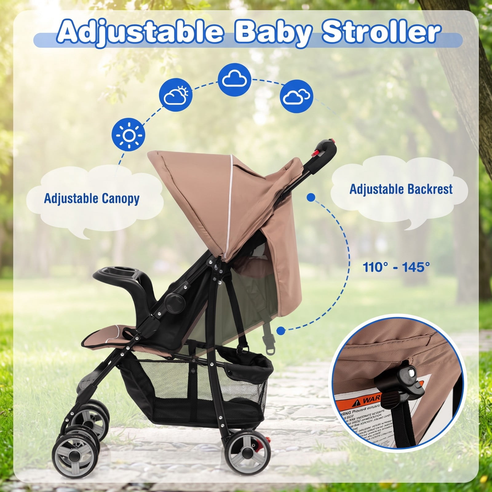 Airfind Toddler Travel Stroller for Airplane with Canopy and Adjustable Backrest, Steel 300D Oxford PP EVA Frame, for 6-36 months, 35" Footprint - Image 2