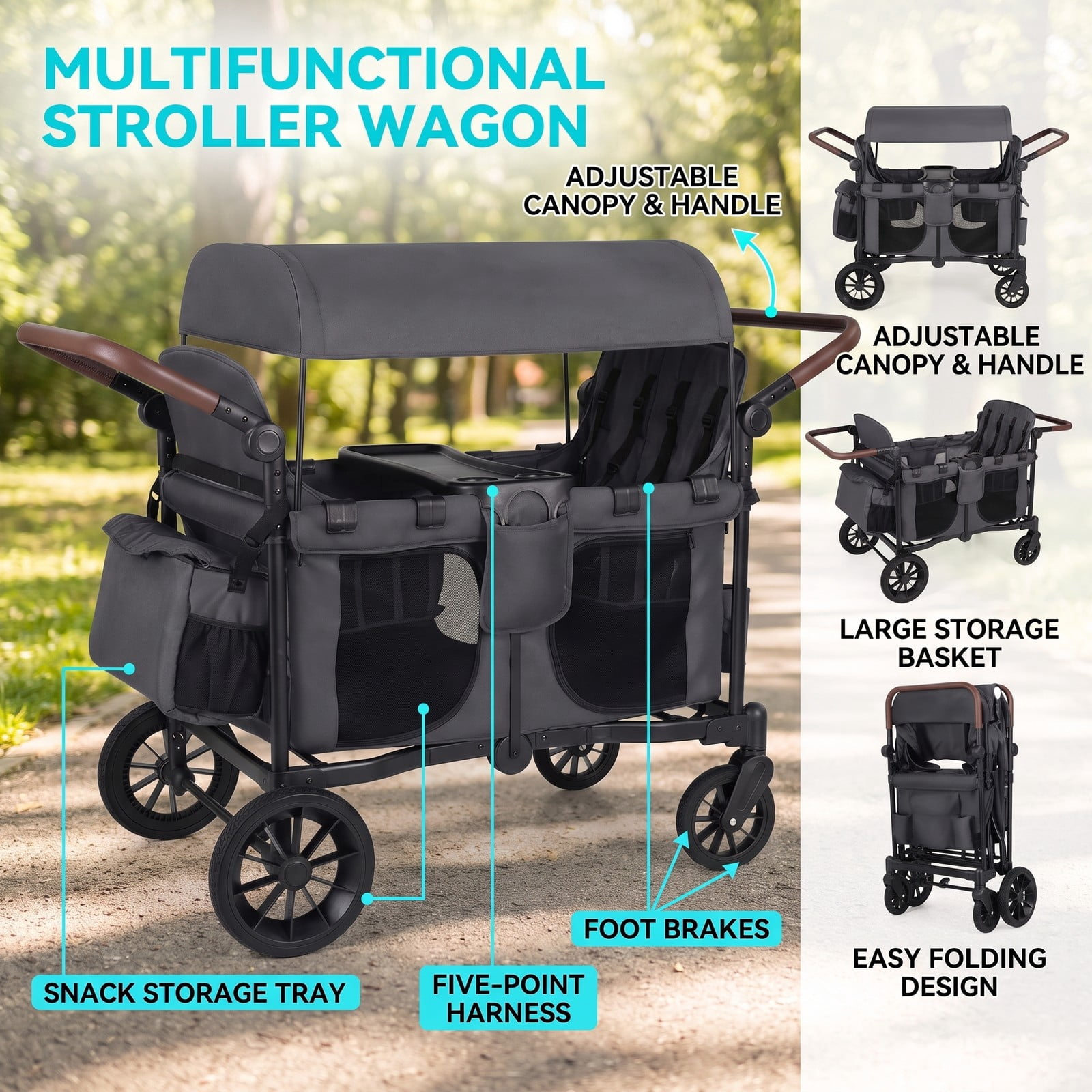 Airfind Wagon Stroller for 4 Kids Foldable 4-Seater Push-Pull Toddler Stroller, 35 lbs Capacity, Metal Oxford Cloth Sponge EVA PP Frame, Gray - Image 5