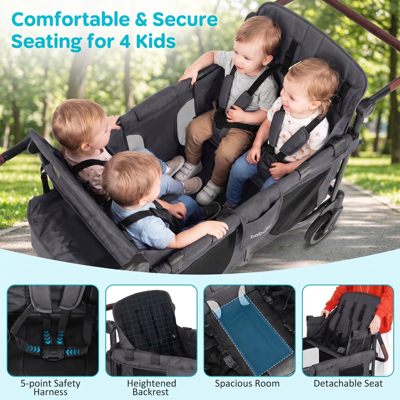 Airfind Wagon Stroller for 4 Kids Foldable 4-Seater Push-Pull Toddler Stroller, 35 lbs Capacity, Metal Oxford Cloth Sponge EVA PP Frame, Gray - Image 4