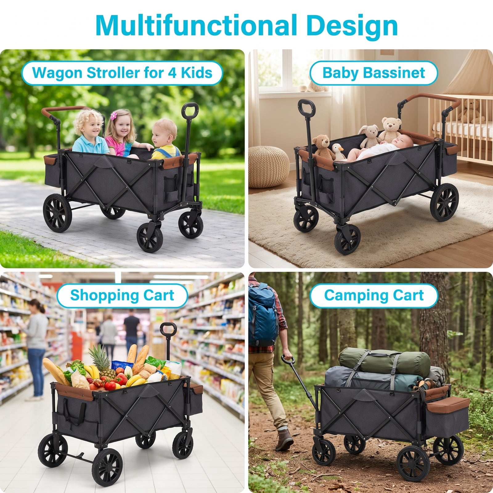 Airfind Wagon Stroller for 4 Kids Foldable 4-Seater Push-Pull Toddler Stroller, 35 lbs Capacity, Metal Oxford Cloth Sponge EVA PP Frame, Gray - Image 3