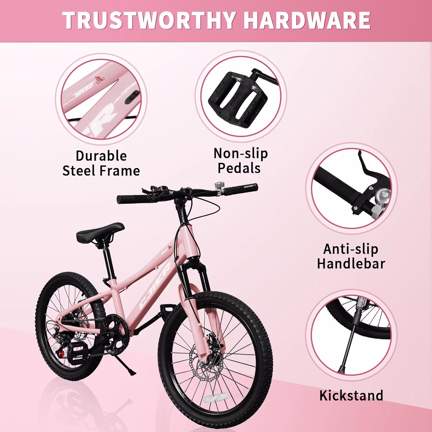 ICEELF 20 inch Kids&Teen Mountain Bike, 7-Speed Bicycle for Boys & Girls, Carbon Steel Frame, Suspension Fork, Dual Disc Brakes, Pink - Image 2
