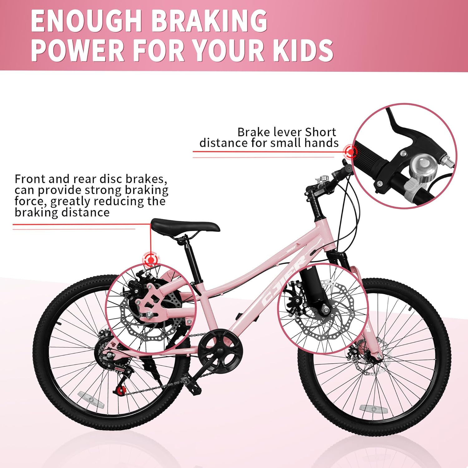 ICEELF 20 inch Kids&Teen Mountain Bike, 7-Speed Bicycle for Boys & Girls, Carbon Steel Frame, Suspension Fork, Dual Disc Brakes, Pink - Image 3