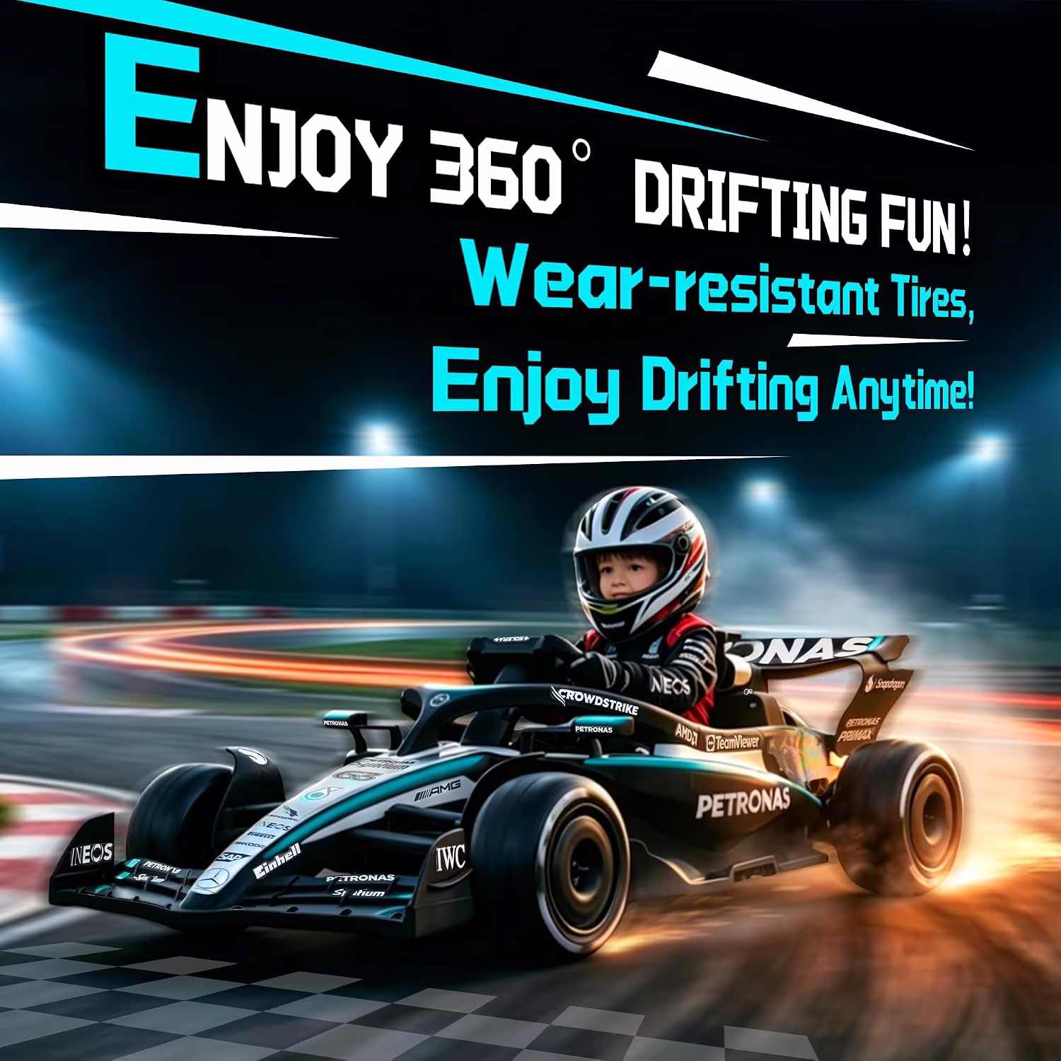 Akaber Electric Go Carts for Kids aged 3-8, Licensed by Mercedes Benz-AMG F1 Team, 24V Kids Drift Go Kart Ride on Toy for Kids with 200W Motor, LED Lights, Music - Image 2