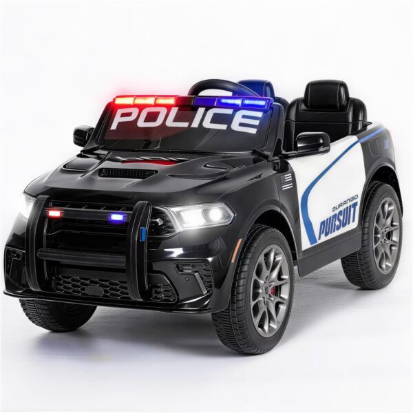 Alpha Joy 12V Kids Ride On 2-Seat Police Car Electric Toy Car with Megaphone, Remote Control, 3 Speeds, Electric Toy Car for Ages 3+, Black