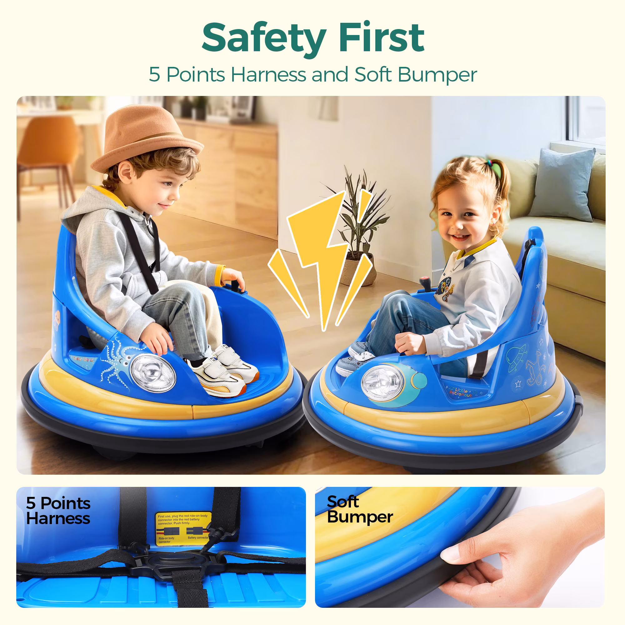 Alpha Joy Bumper Car Ride on Toy for Kids 12V Electric Car w/Remote Control, LED Lights, Bluetooth Music, 360° Spin, Battery Powered Car in 2 MPH with Stickers for Ages 3-8, Blue - Image 4
