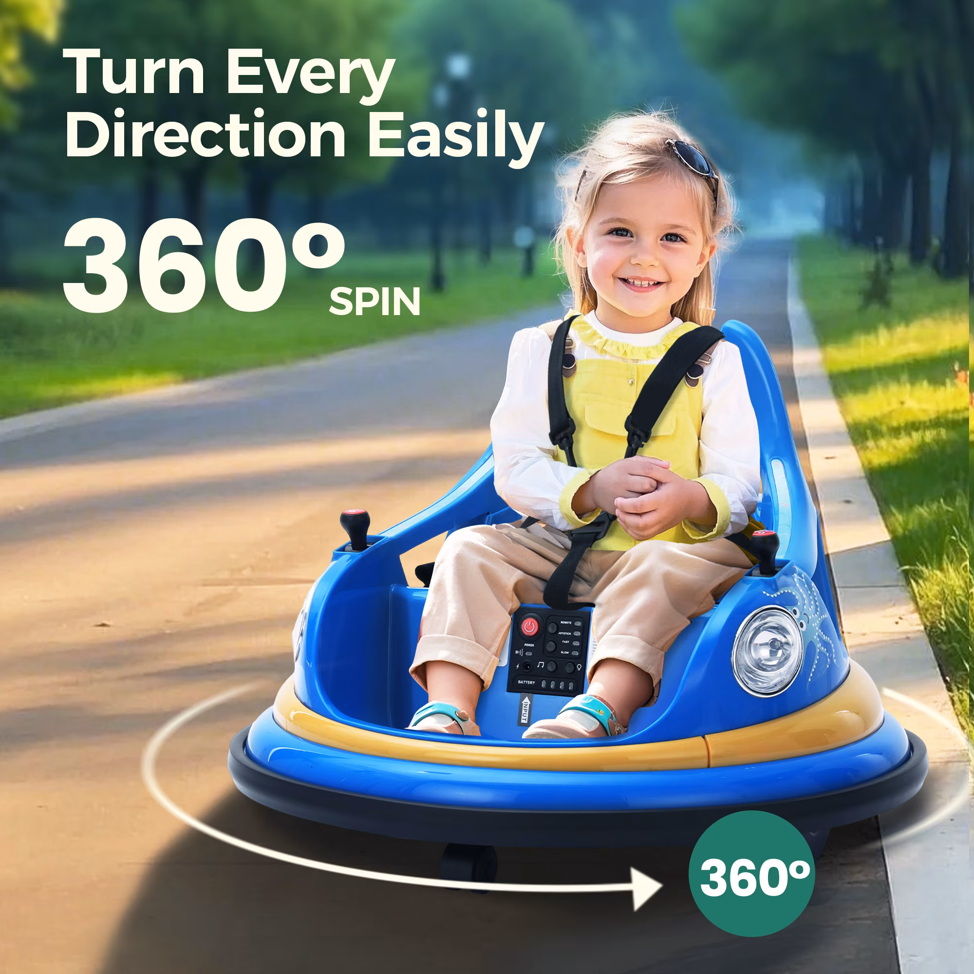 Alpha Joy Bumper Car Ride on Toy for Kids 12V Electric Car w/Remote Control, LED Lights, Bluetooth Music, 360° Spin, Battery Powered Car in 2 MPH with Stickers for Ages 3-8, Blue - Image 3