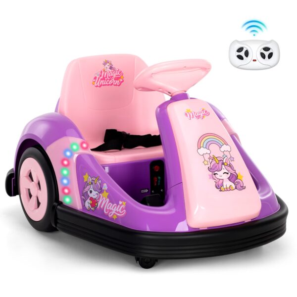 Alpha Joy Kids 12V Bumper Car with Steering Wheel & Remote Control, 3-Color LED Lights, 3 Speeds, Electric Ride-on Toys Car for 3-6 Years, Pink