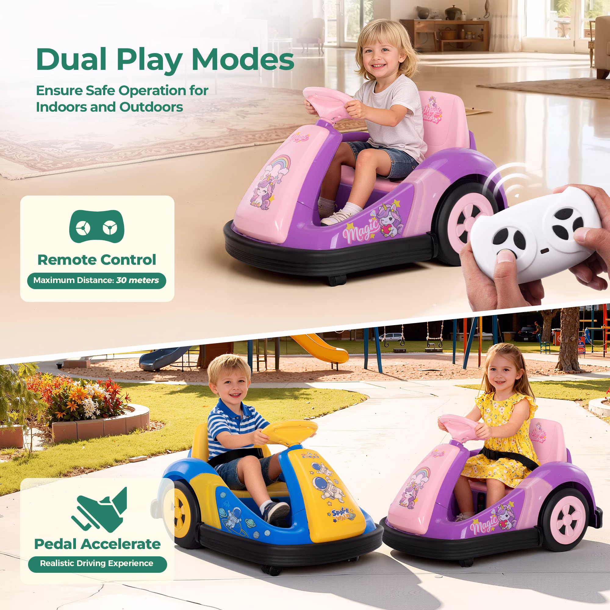 Alpha Joy Kids 12V Bumper Car with Steering Wheel & Remote Control, 3-Color LED Lights, 3 Speeds, Electric Ride-on Toys Car for 3-6 Years, Pink - Image 4