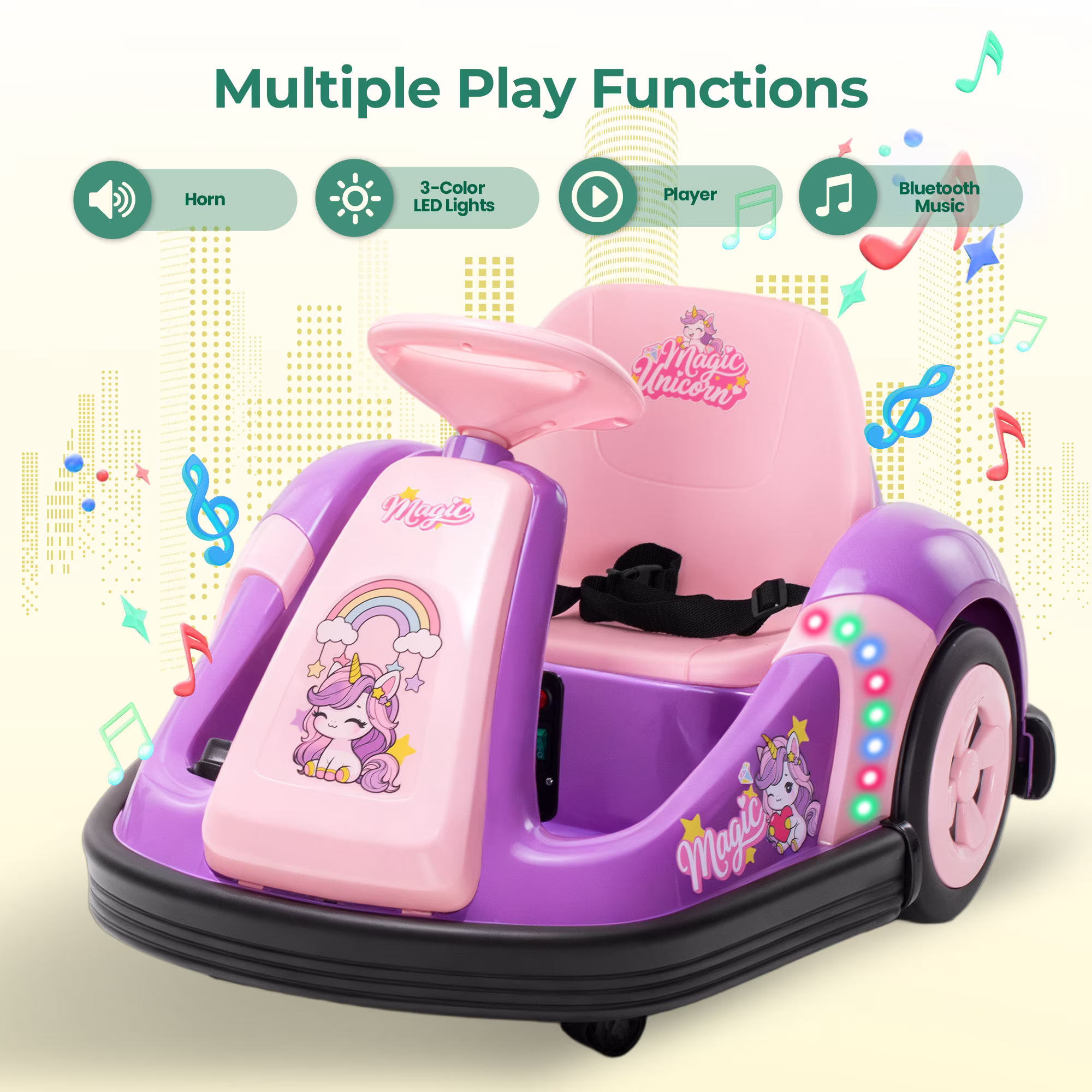 Alpha Joy Kids 12V Bumper Car with Steering Wheel & Remote Control, 3-Color LED Lights, 3 Speeds, Electric Ride-on Toys Car for 3-6 Years, Pink - Image 3