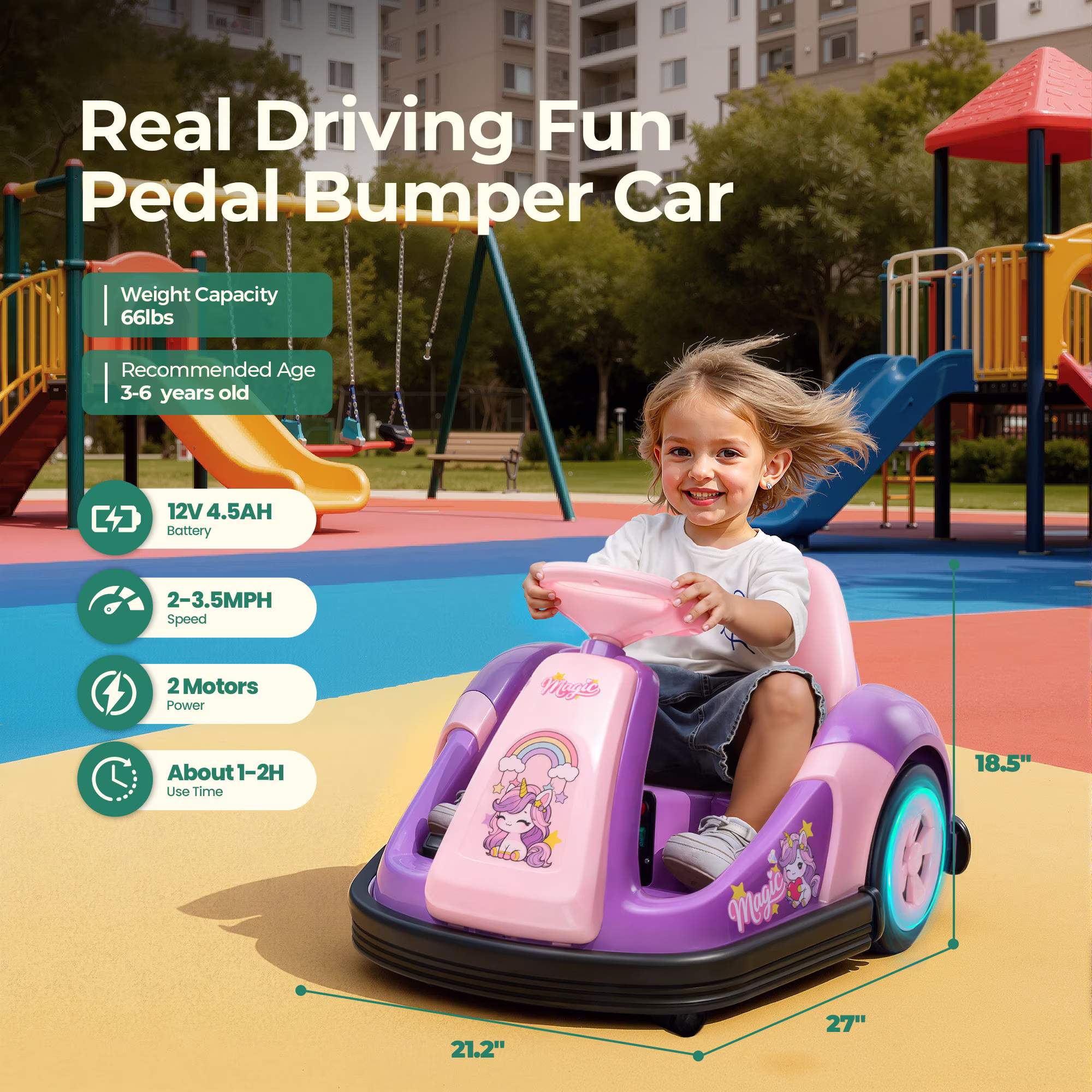 Alpha Joy Kids 12V Bumper Car with Steering Wheel & Remote Control, 3-Color LED Lights, 3 Speeds, Electric Ride-on Toys Car for 3-6 Years, Pink - Image 2