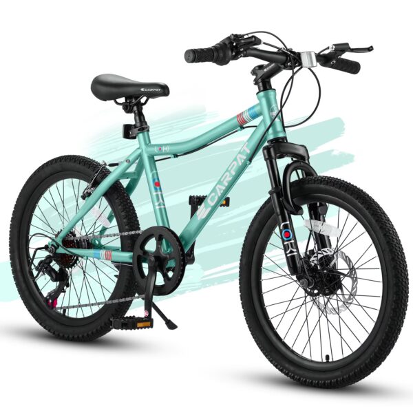 Alvantor 20" Kids Mountain Bike, 7-Speed Steel Bicycle with Suspension, Green