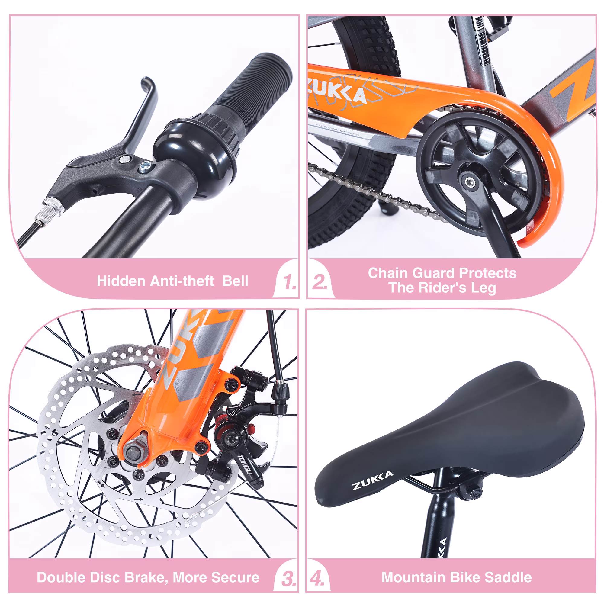 Alvantor 20" Kids Mountain Bike, Steel Frame, Disc Brakes, Ages 7-10, White + Pink - Image 4