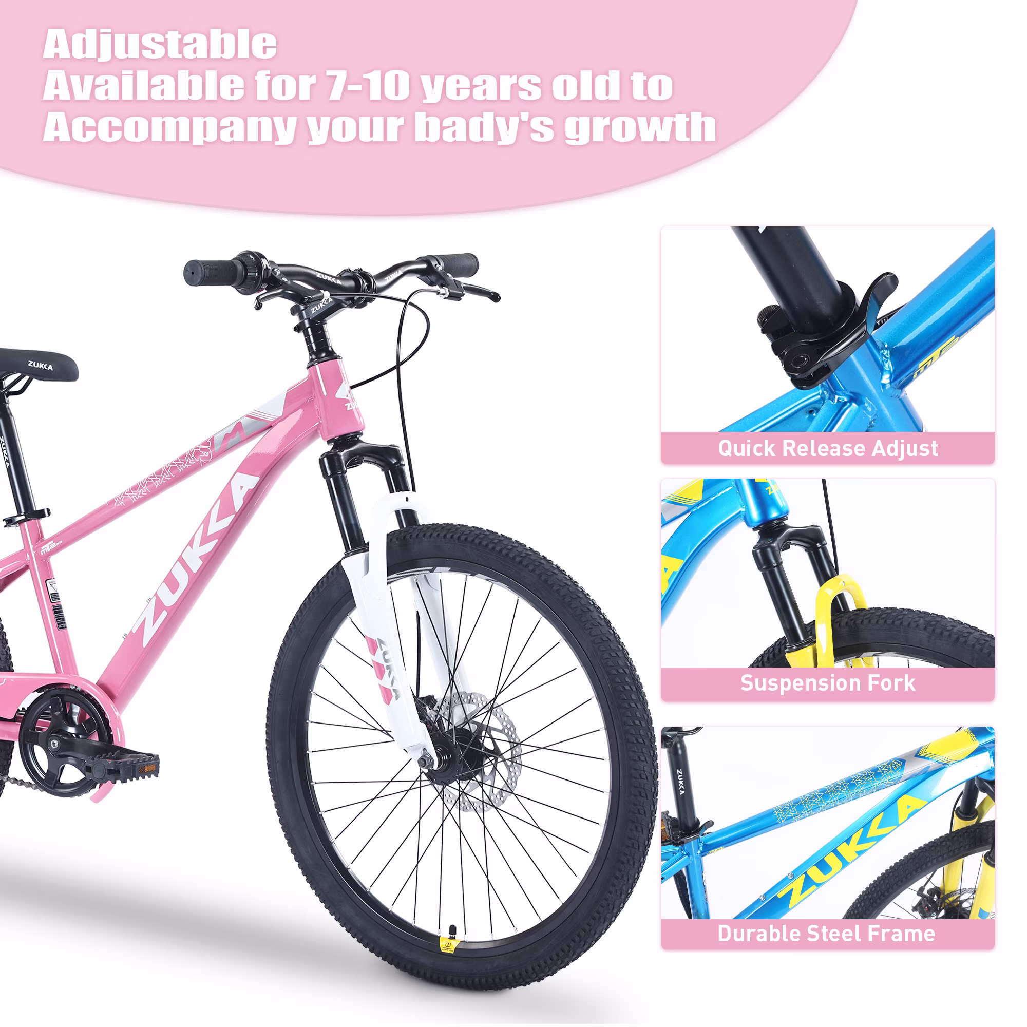 Alvantor 20" Kids Mountain Bike, Steel Frame, Disc Brakes, Ages 7-10, White + Pink - Image 5