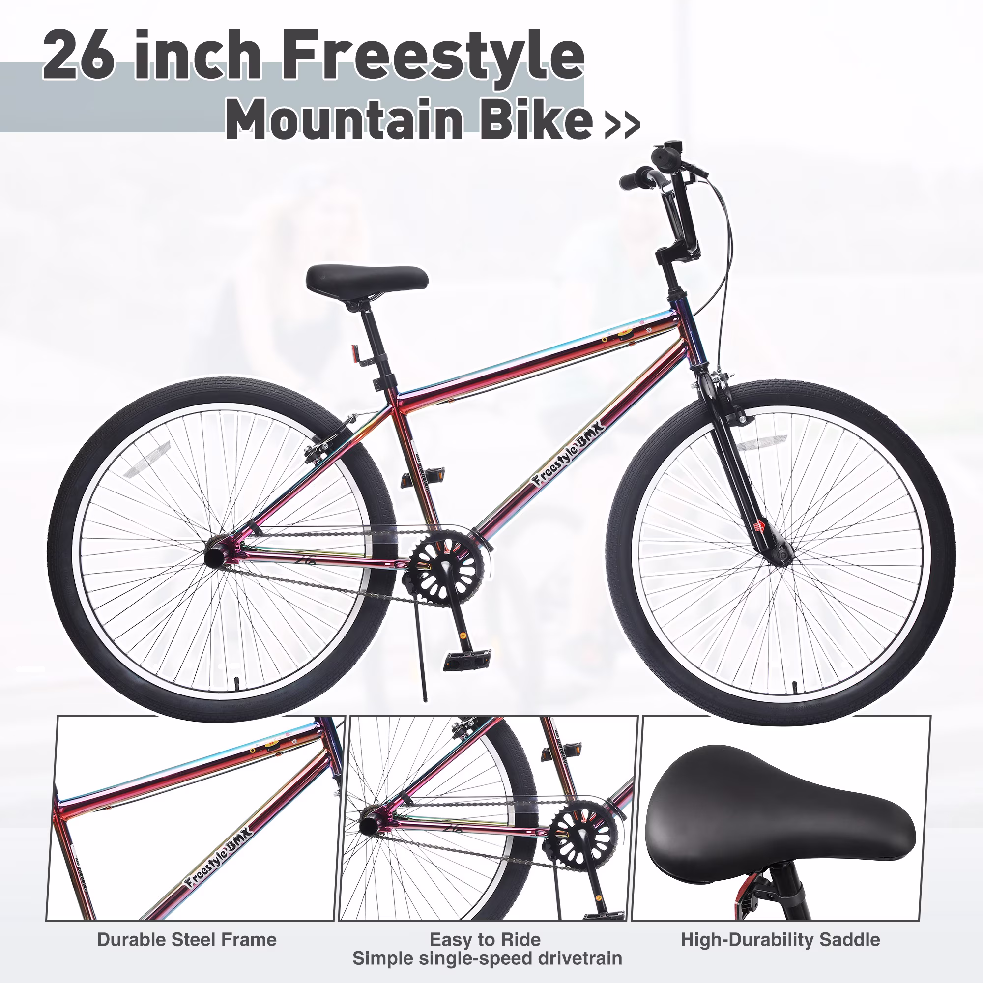 Alvantor 26" Freestyle Single Speed Teen Bicycle with Pegs and Colorful Design - Image 3