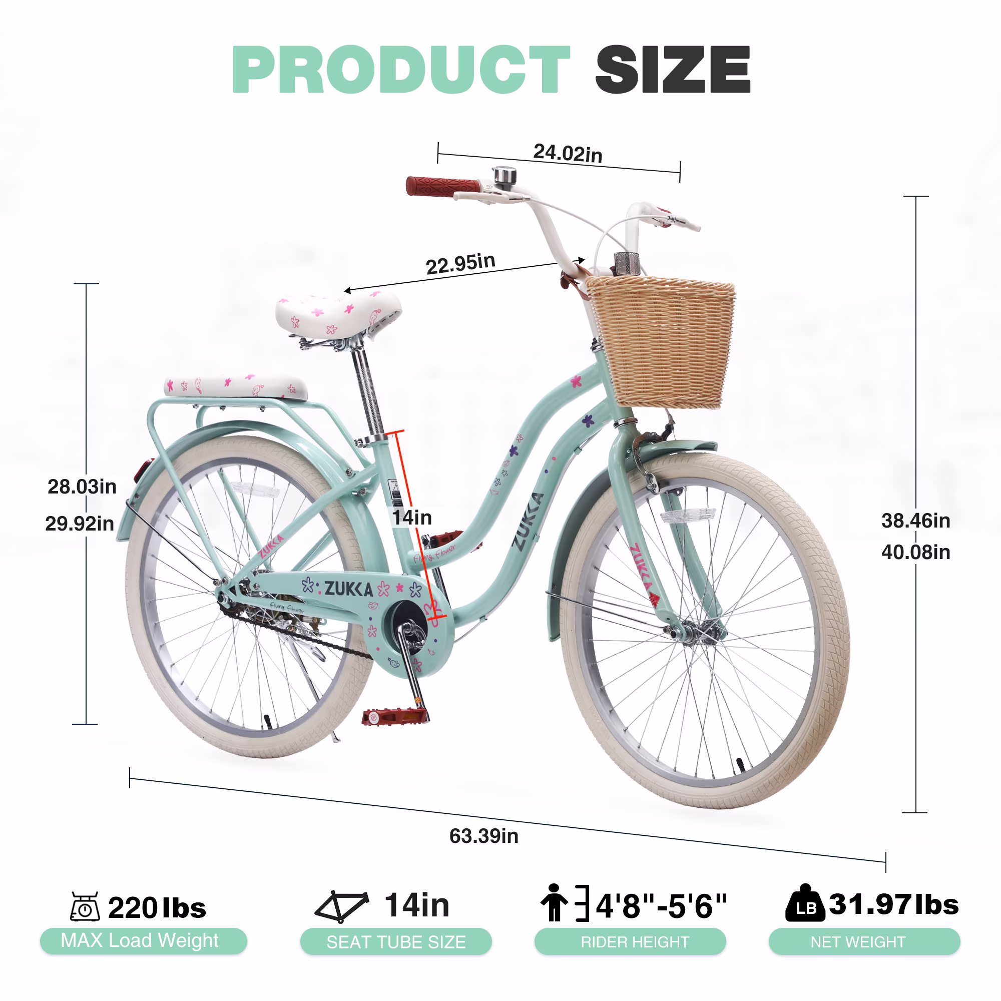 Alvantor Girls 24" Single Speed Cruiser Bike, Green, with Basket and Rack - Image 2