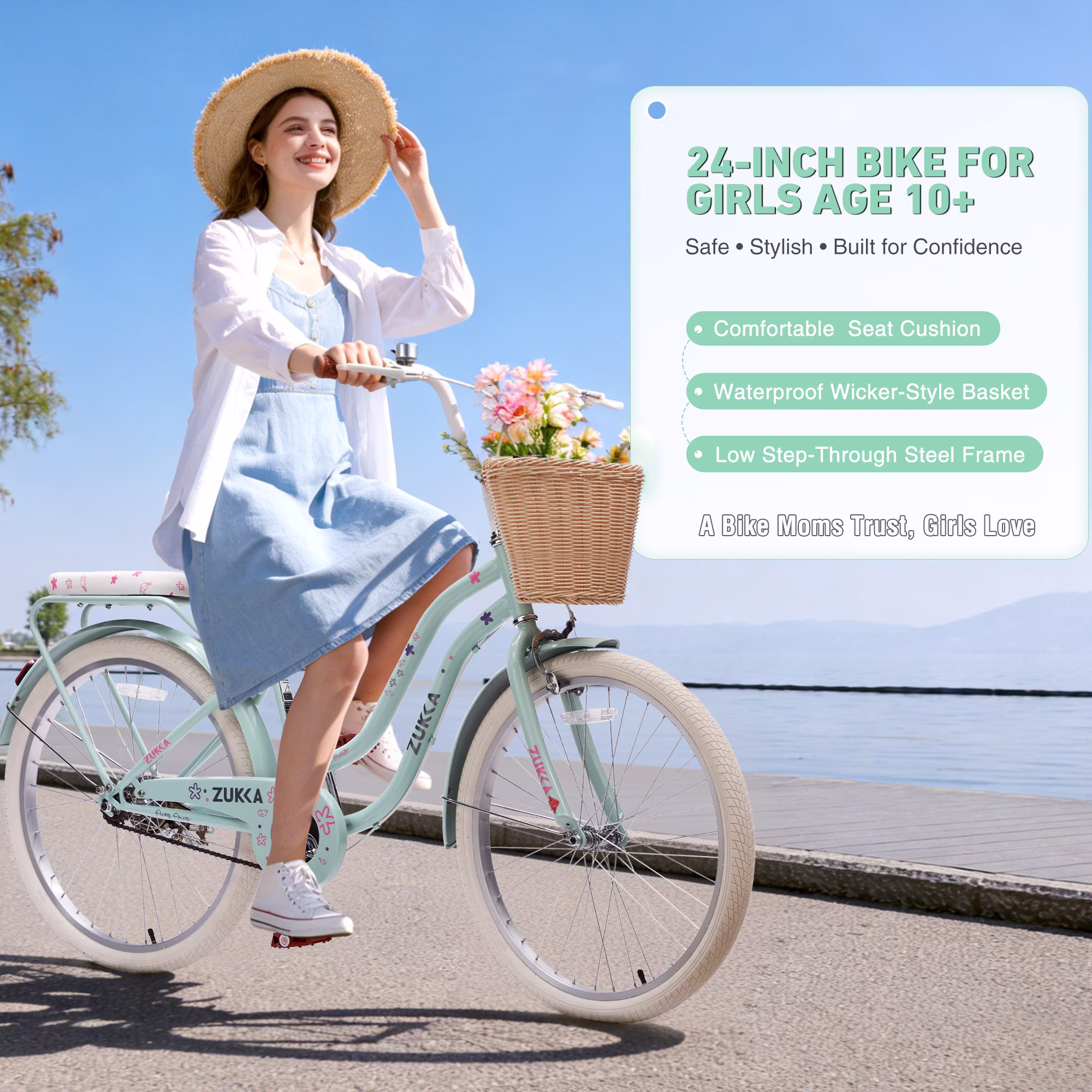 Alvantor Girls 24" Single Speed Cruiser Bike, Green, with Basket and Rack - Image 5