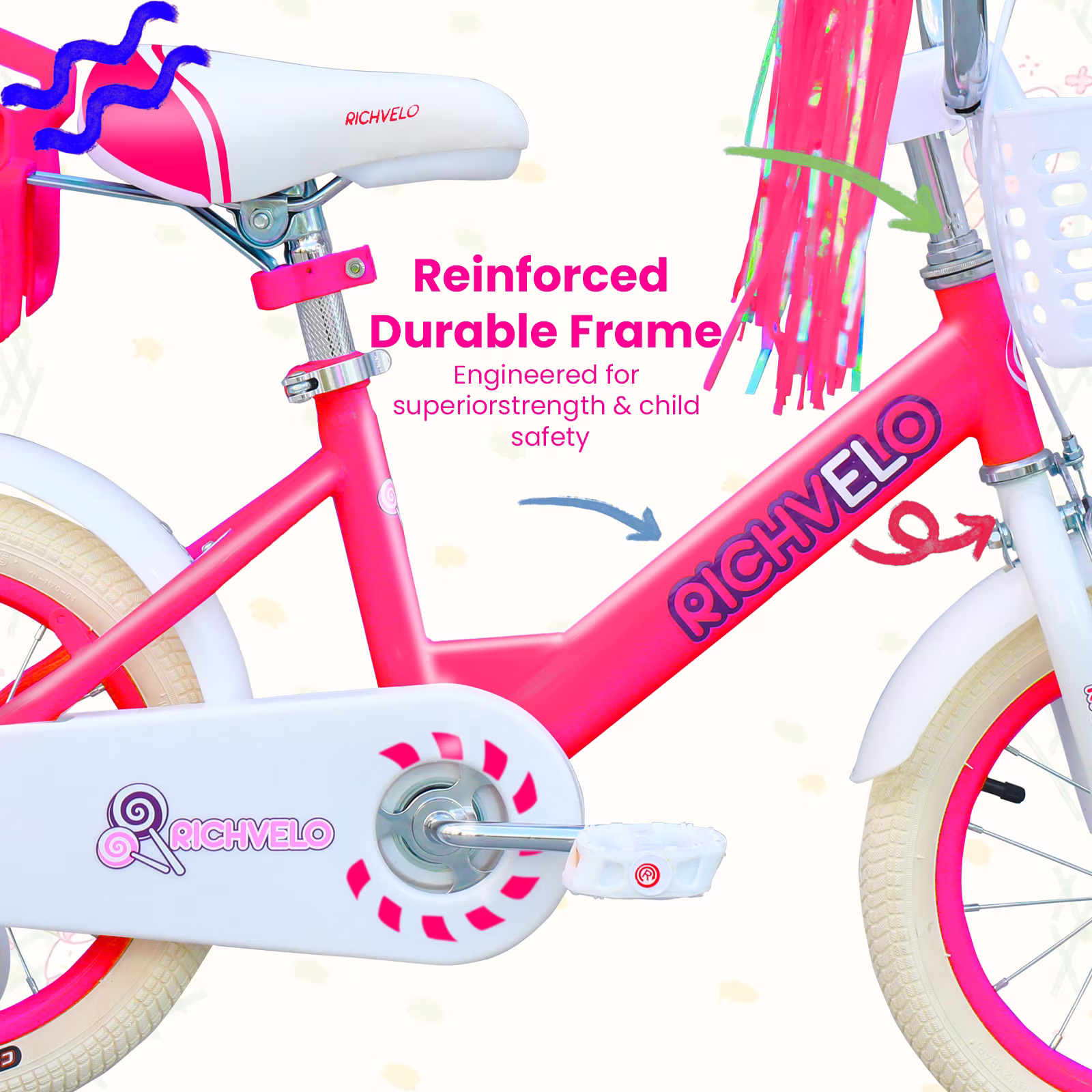 Ambifirner 12" 14" 16" Girls Bike with Training Wheels – Adjustable Seat, Front Basket, Doll Seat & Streamers, Toddler Bicycle for Ages 2-7, Red - Image 4
