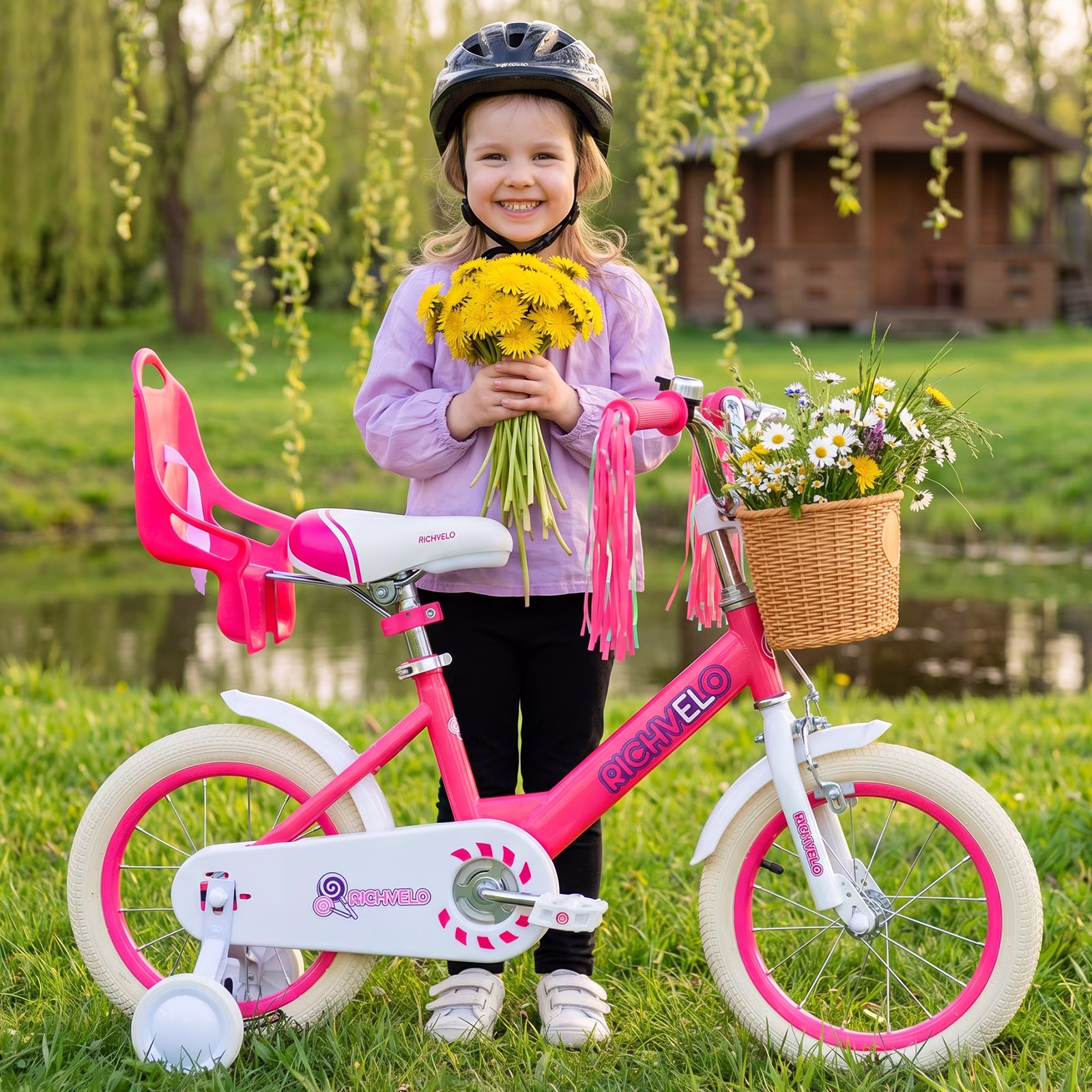 Cirayno 14" Girls Bike with Training Wheels, Basket, Doll Seat & Colorful Streamers, Single Speed Steel Frame Kids' Bicycles for 3-5 Years Old Toddler, Front V-Brake & Coaster Brake, Red - Image 5