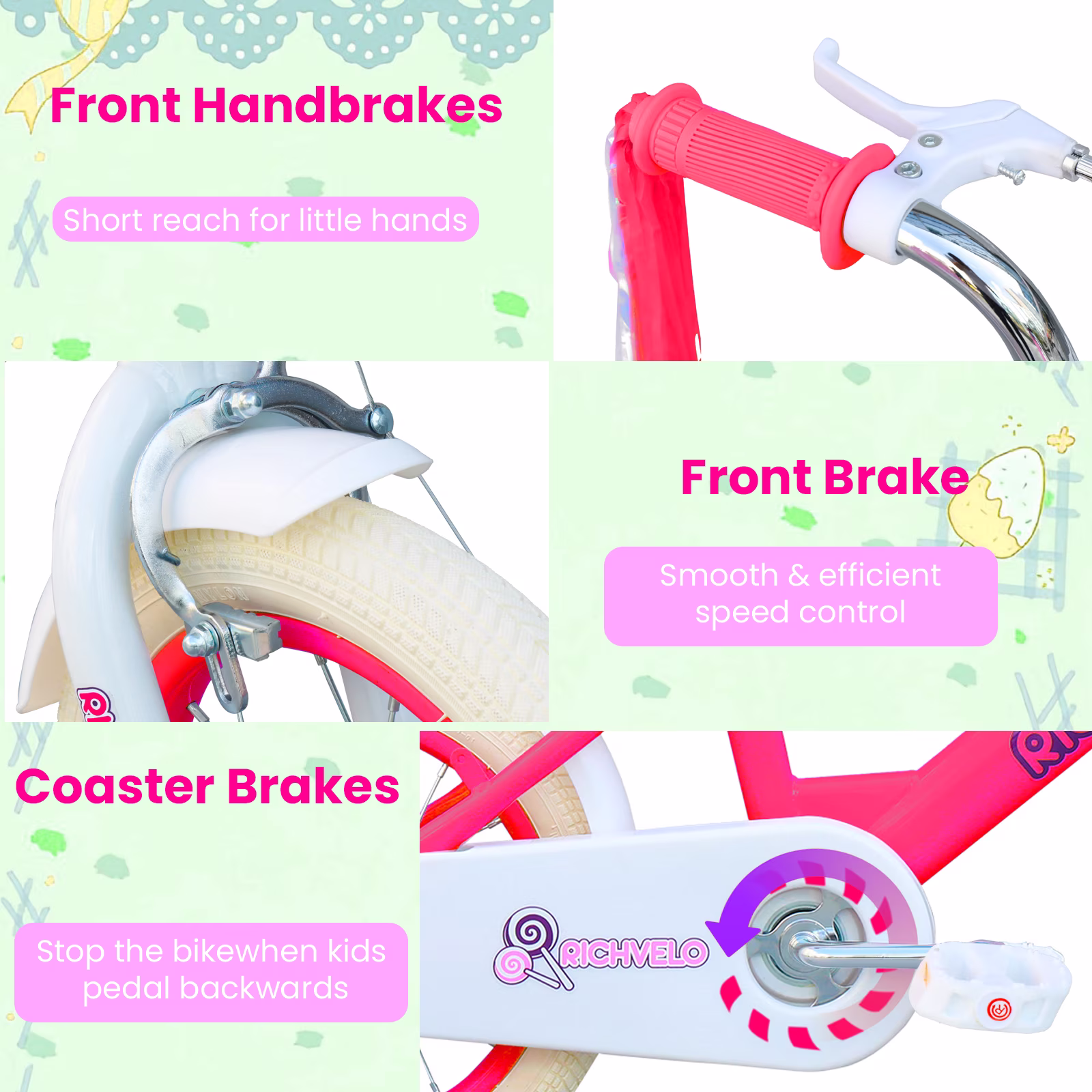 Cirayno 14" Girls Bike with Training Wheels, Basket, Doll Seat & Colorful Streamers, Single Speed Steel Frame Kids' Bicycles for 3-5 Years Old Toddler, Front V-Brake & Coaster Brake, Red - Image 4