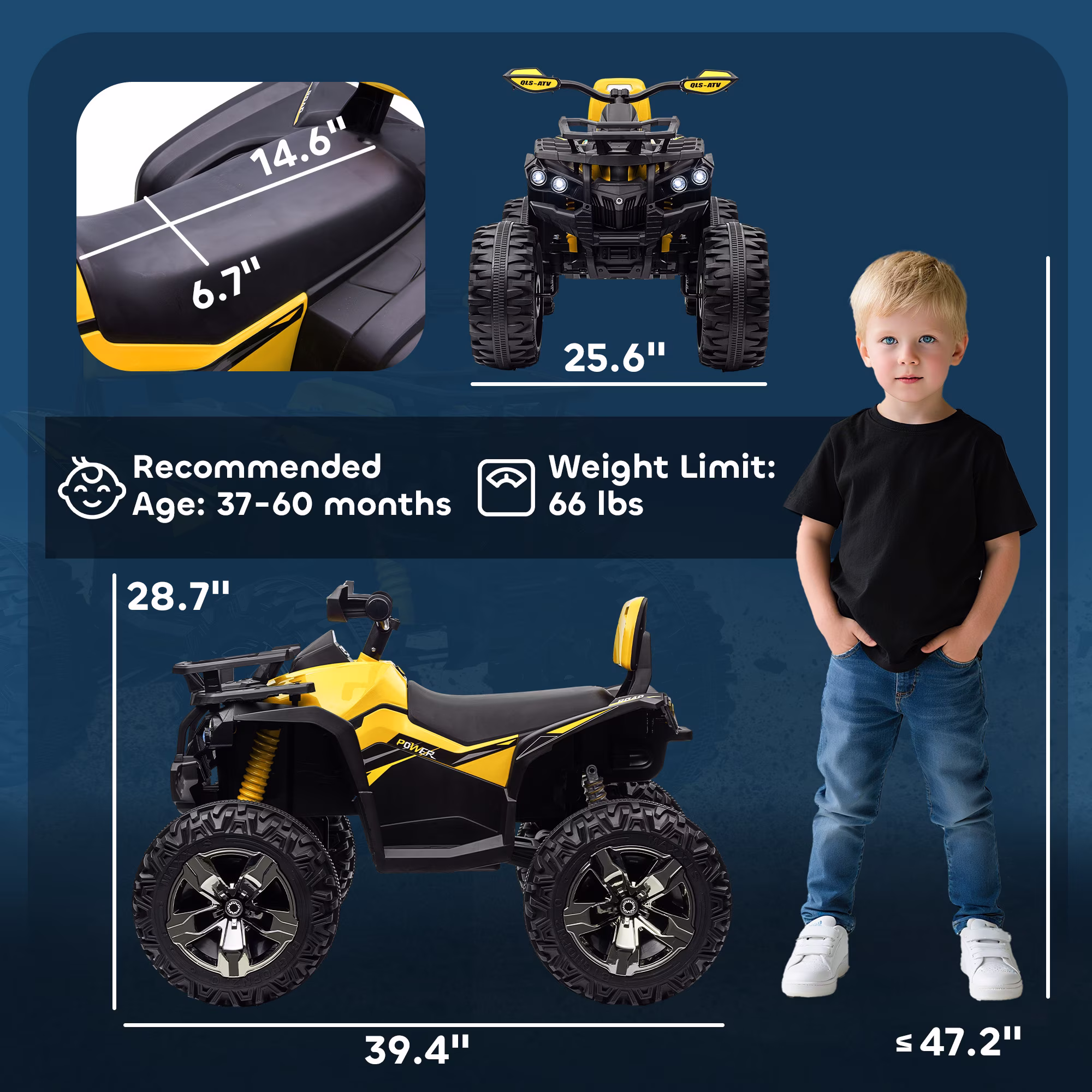 Aosom Kids ATV, 12V 4 Wheeler Ride on Quad Car Toy with Music, Headlights, Battery Powered Electric Vehicle for Boys and Girls, Yellow - Image 3